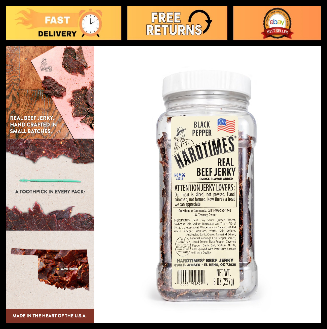 Handcrafted Black Pepper Beef Jerky – 8 oz. Gourmet Snack, High Protein, Low Car