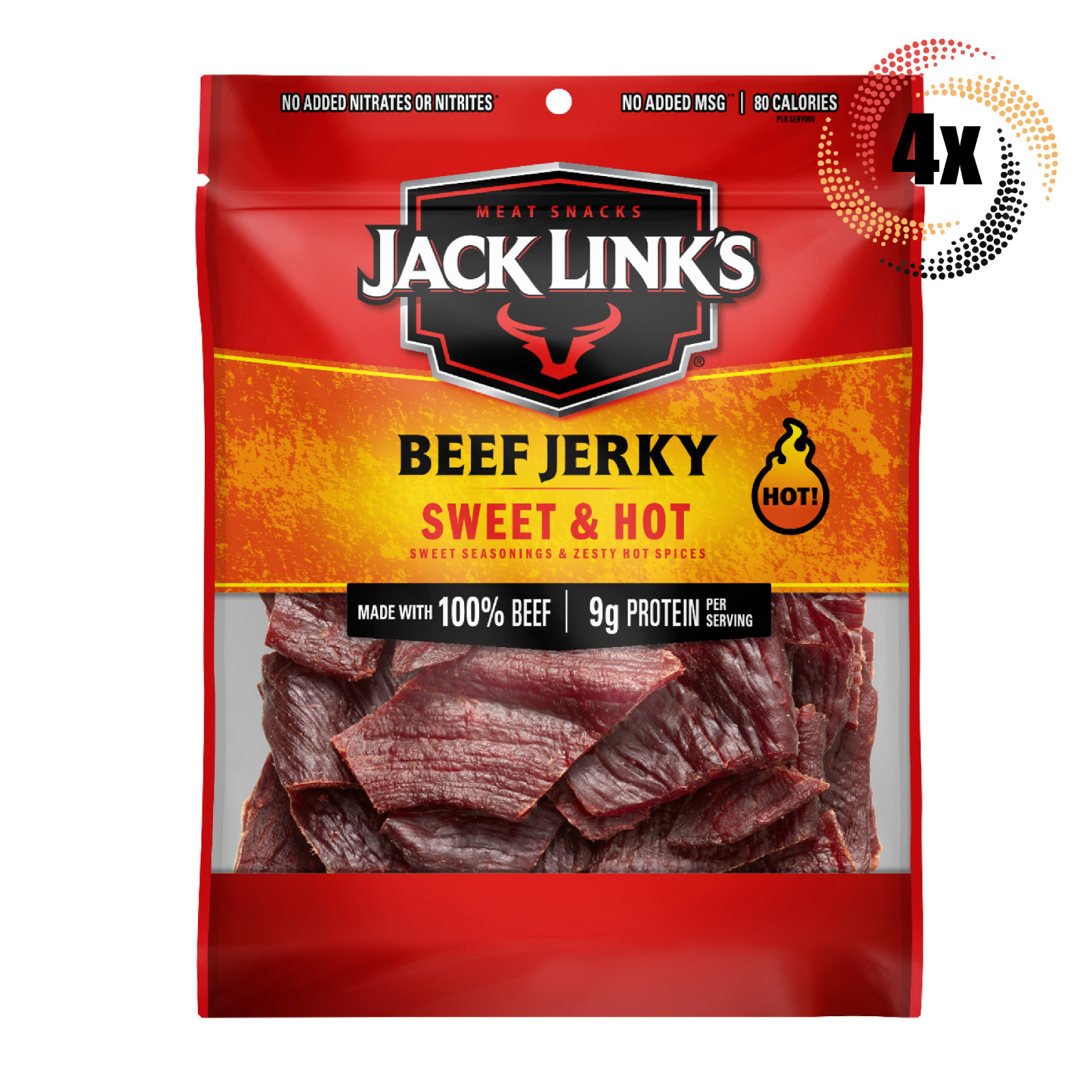 4x Bags Jack Link’s Sweet & Hot Beef Jerky | 3.25oz | 100% Beef | 9G Protein
