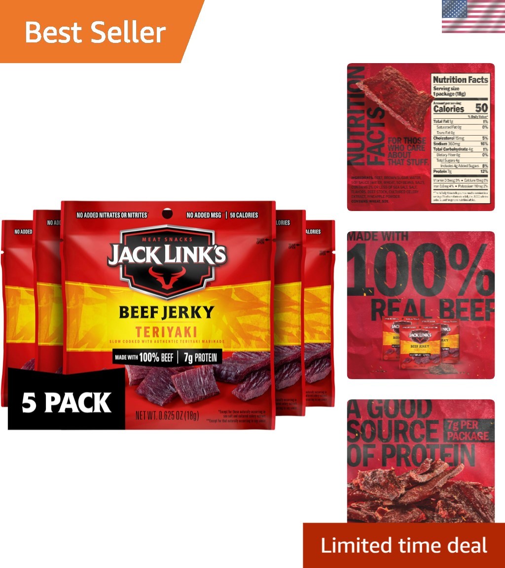 Teriyaki Beef Jerky Multipack – 5 x 0.625 oz Bags of Delicious Protein Snacks