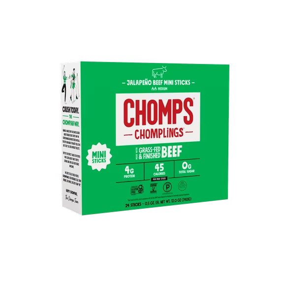 Chomps Grass-Fed & Finished Jalapeño Beef Snack Sticks 24 Pack, High Protein