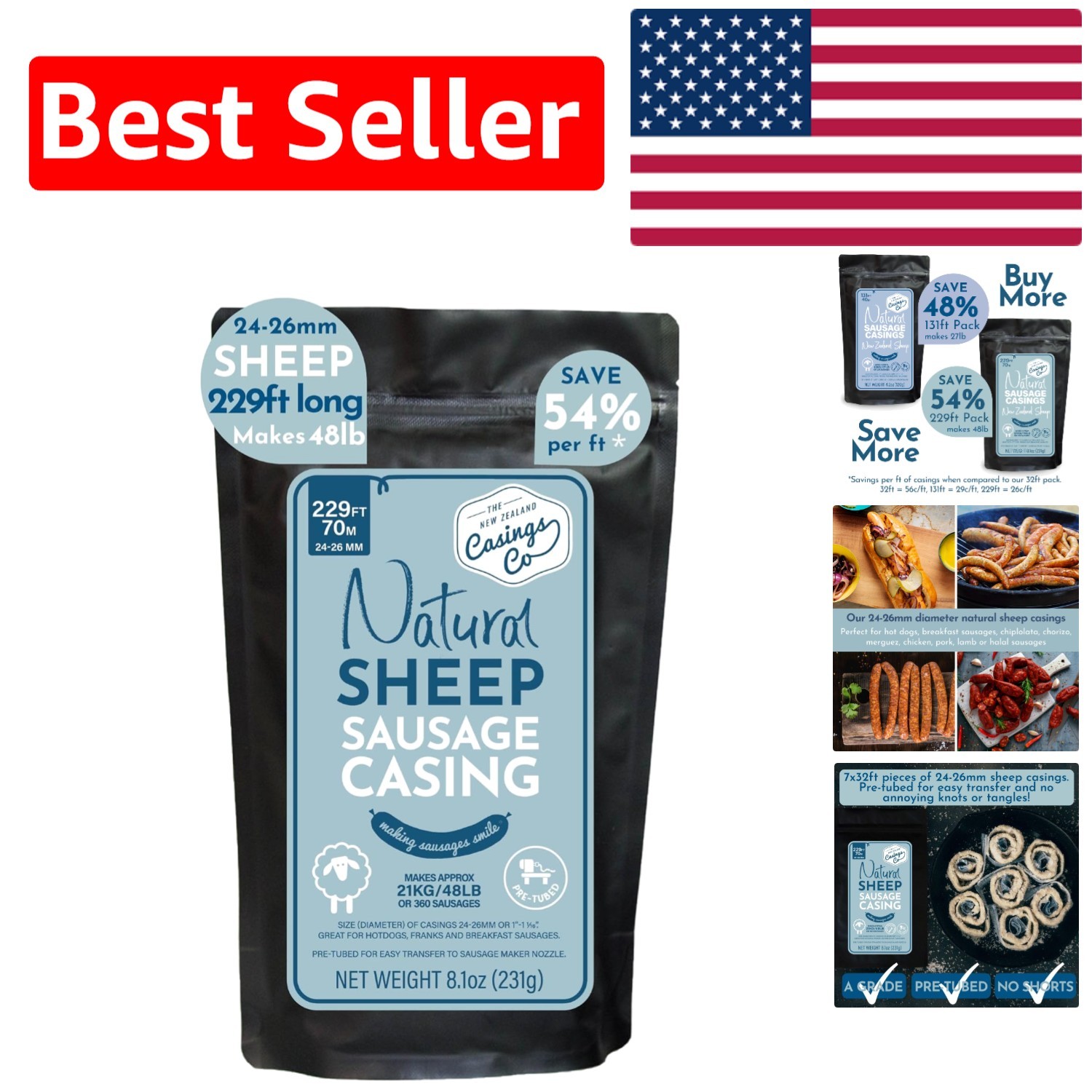 Natural Sheep Casings 24-26mm, 229ft – Perfect for Juicy Sausage Making