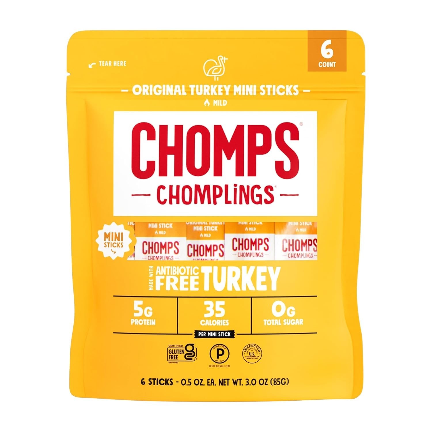 CHOMPS MINI Turkey Jerky Snack Sticks – Original, Free Range, 0.5 oz (6 Ct)