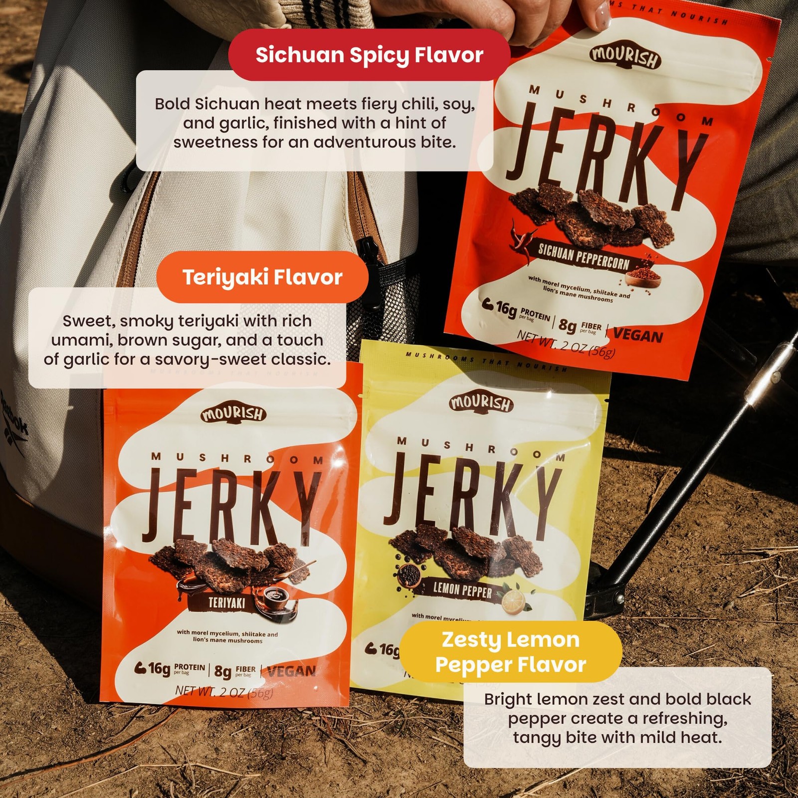 Mourish Vegan Mushroom Jerky, Variety Pack, 3 Pack 2 oz, Good Source of Prote…