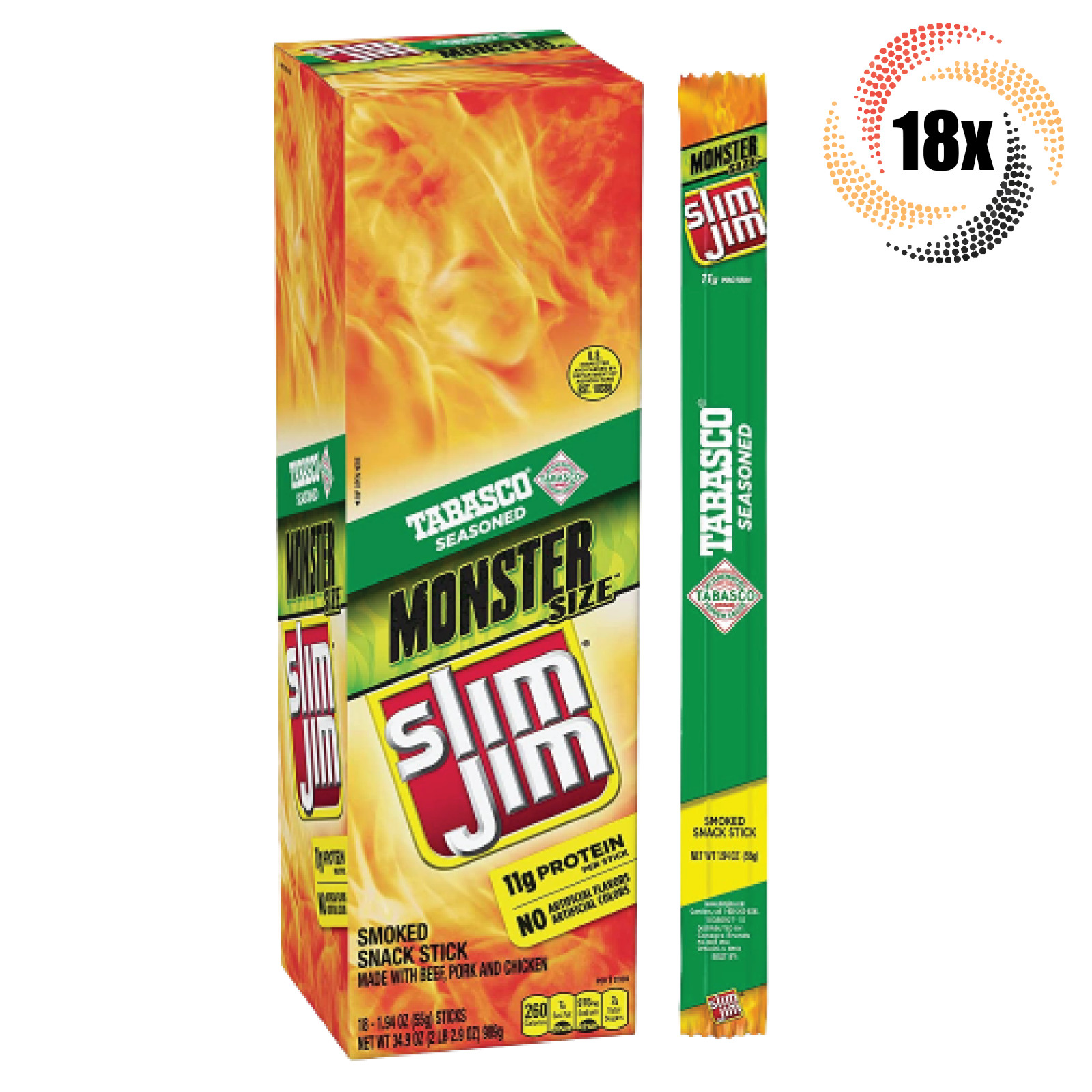 Full Box 18x Sticks Slim Jim Tabasco Seasoned Monster Size Snack Sticks 1.94oz