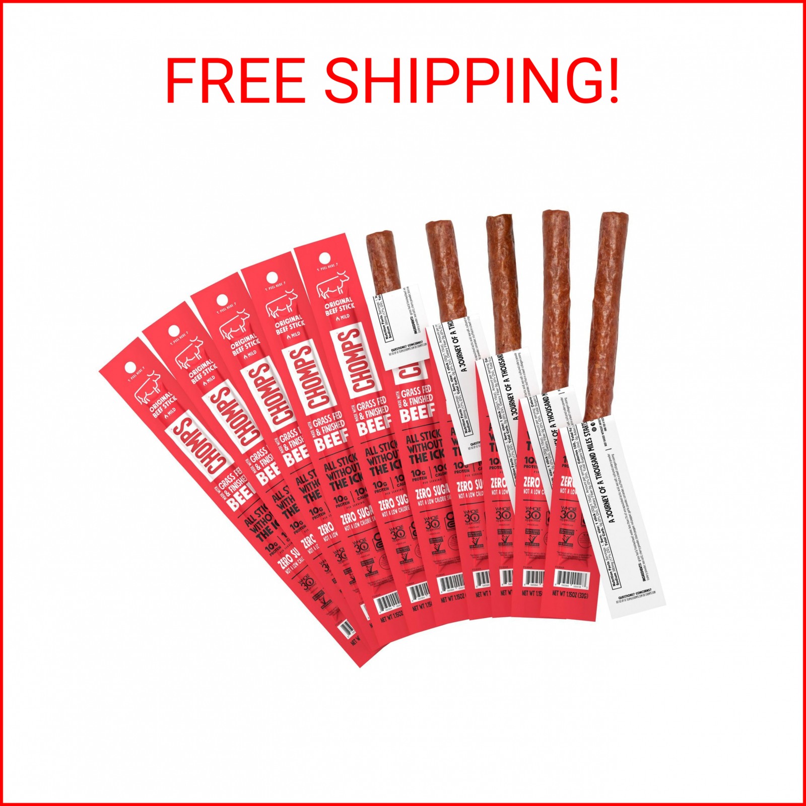 Chomps Grass-Fed and Finished Original Beef Jerky Snack Sticks 10-Pack – Keto, P