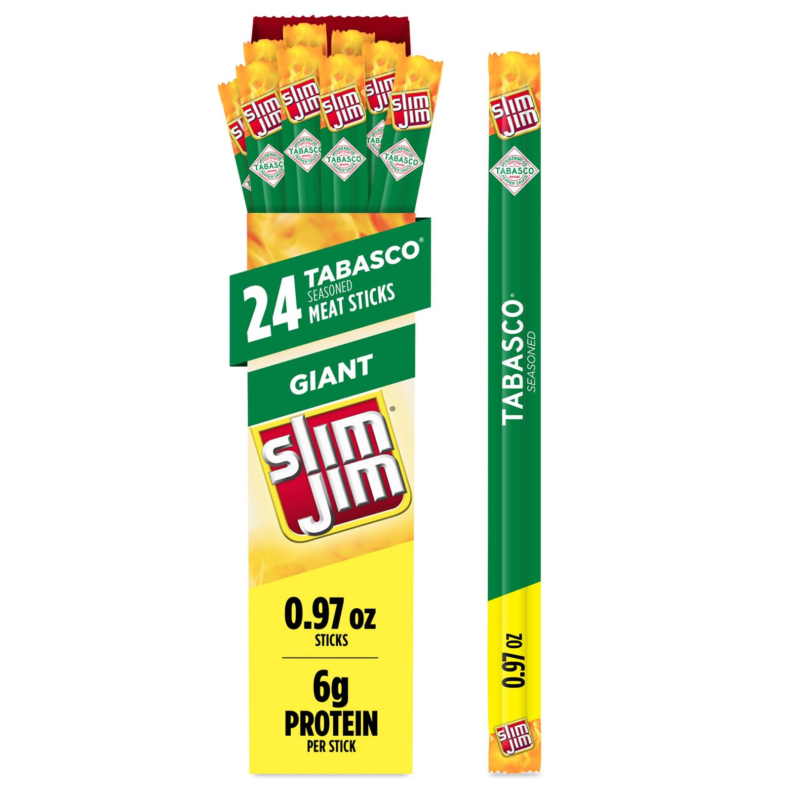 Slim Jim Giant Smoked Meat Sticks, Tabasco 0.97 Ounce (Pack of 24),