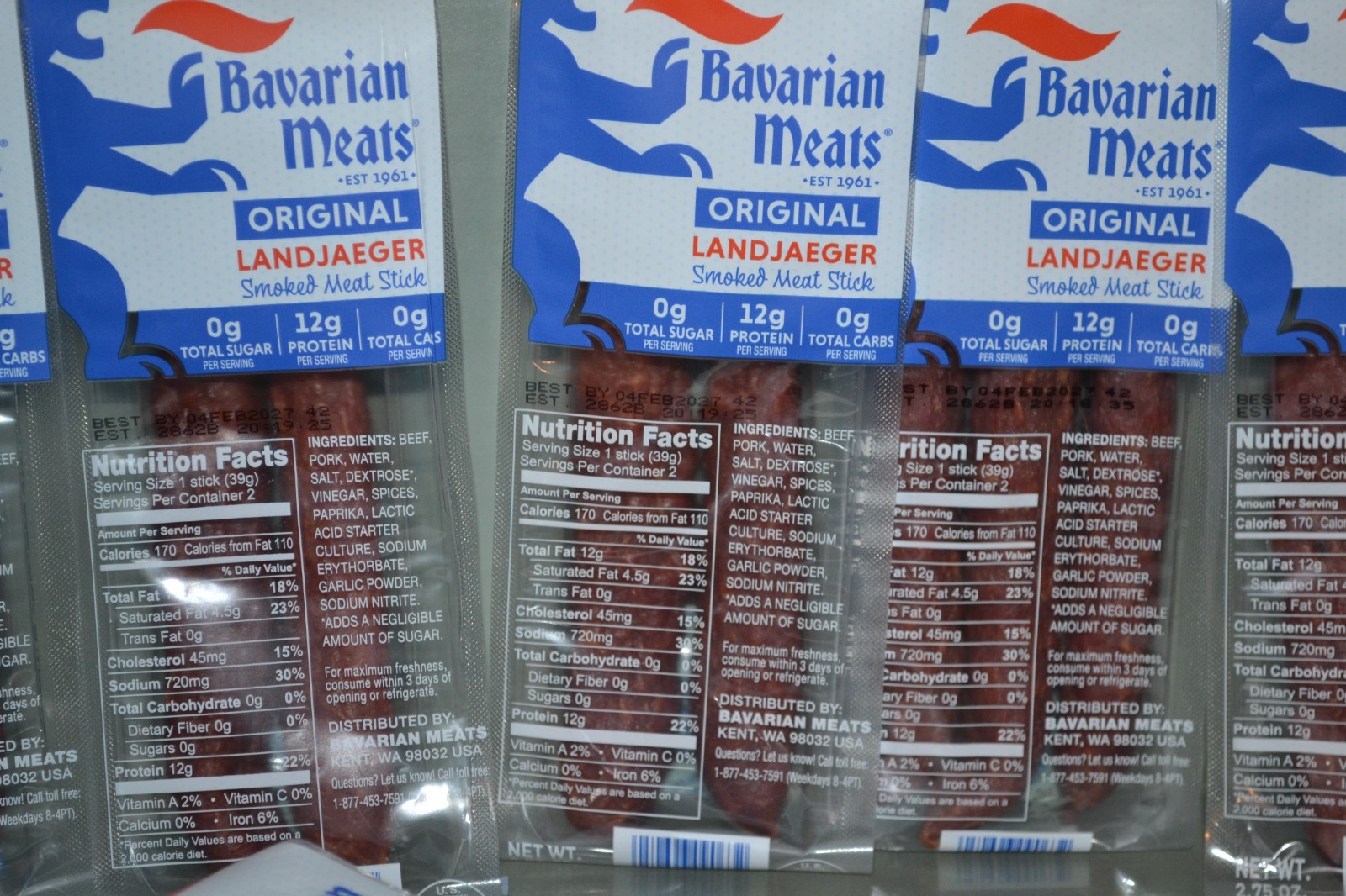 (6) Landjaeger Smoked Sausage Snack Sticks, German Style 2.75 oz, 2 In Each 2/27