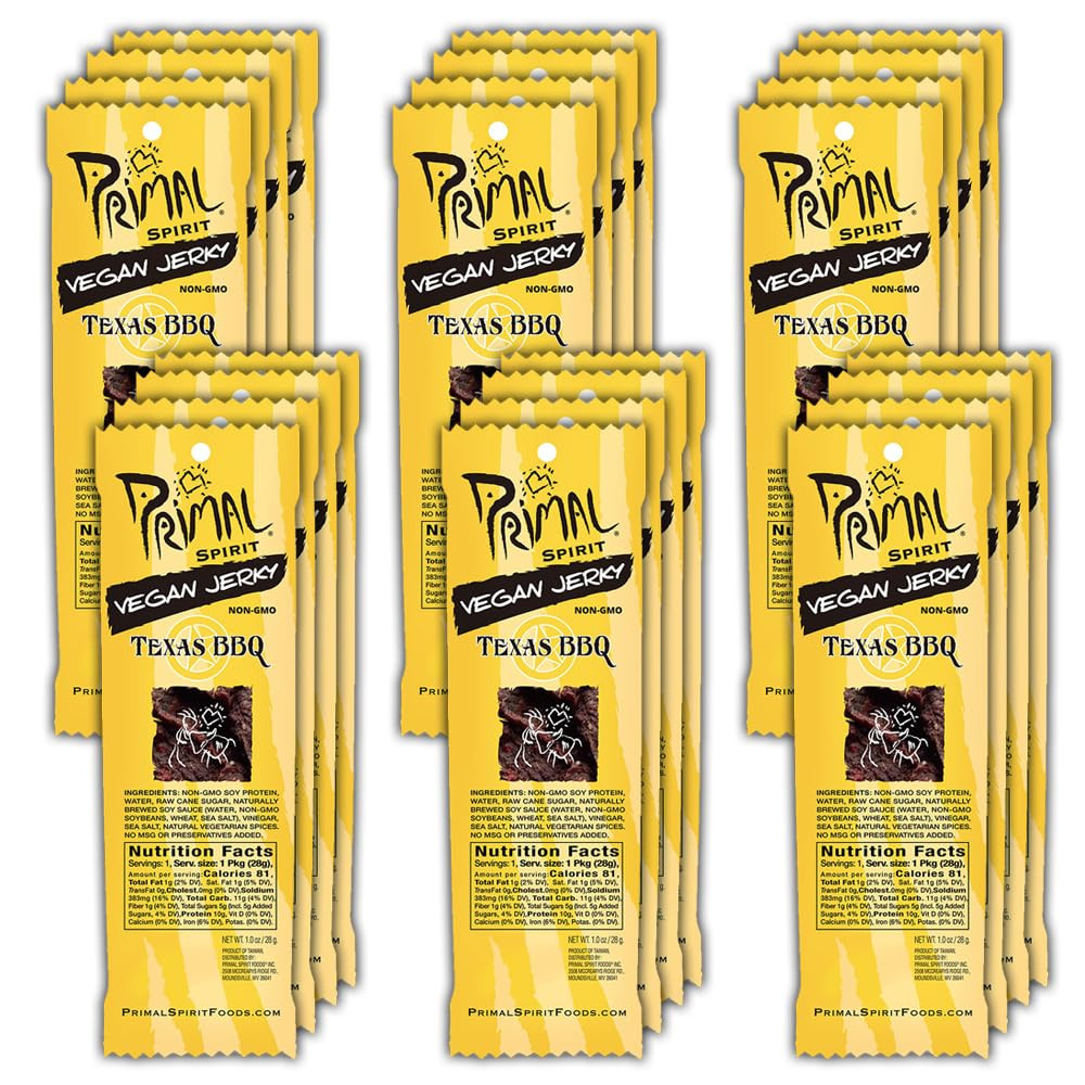 Vegan Jerky Pack of 24 Classic Texas BBQ Flavor High Protein Snack