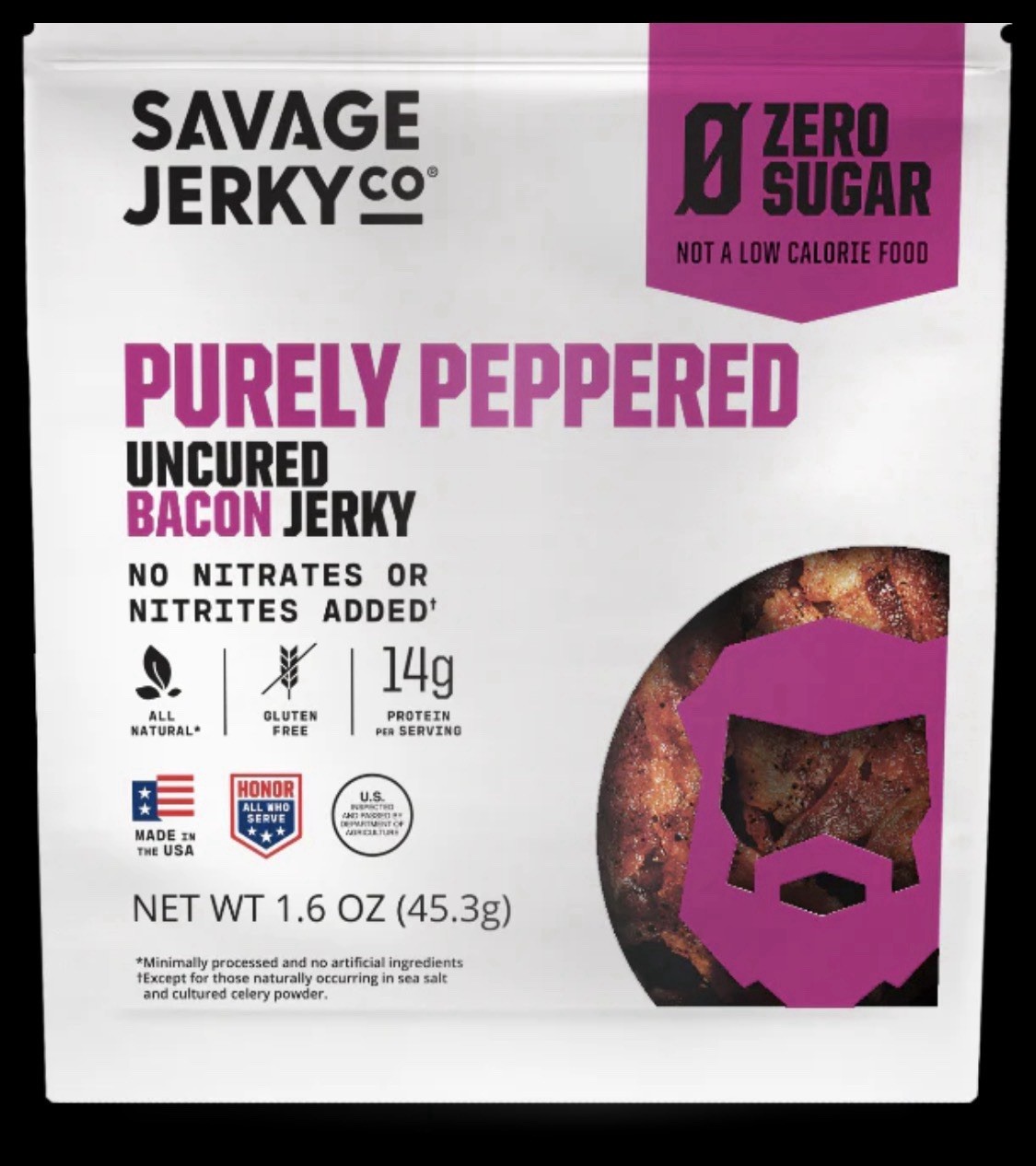 Savage Jerky Co Purely Peppered Uncured Bacon Jerky 1.6oz Gluten Free Zero Sugar