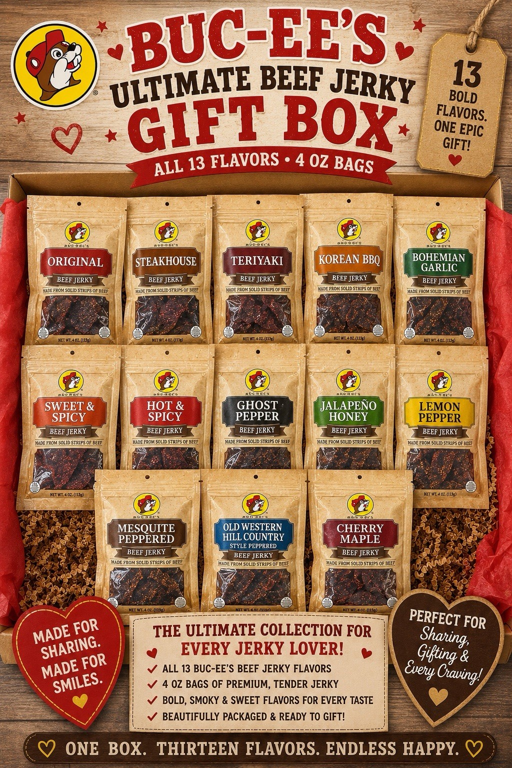Buc-ee’s 13 Flavor Beef Jerky Gift Box Sampler – One of Each Flavor – Texas