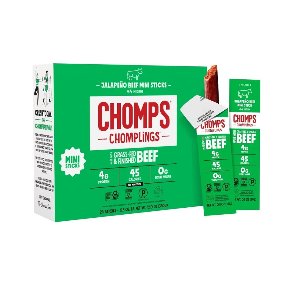 Chomps Chomplings Snack Size Jalapeno Beef Jerky Sticks 24-Pack .5 oz Spicy New
