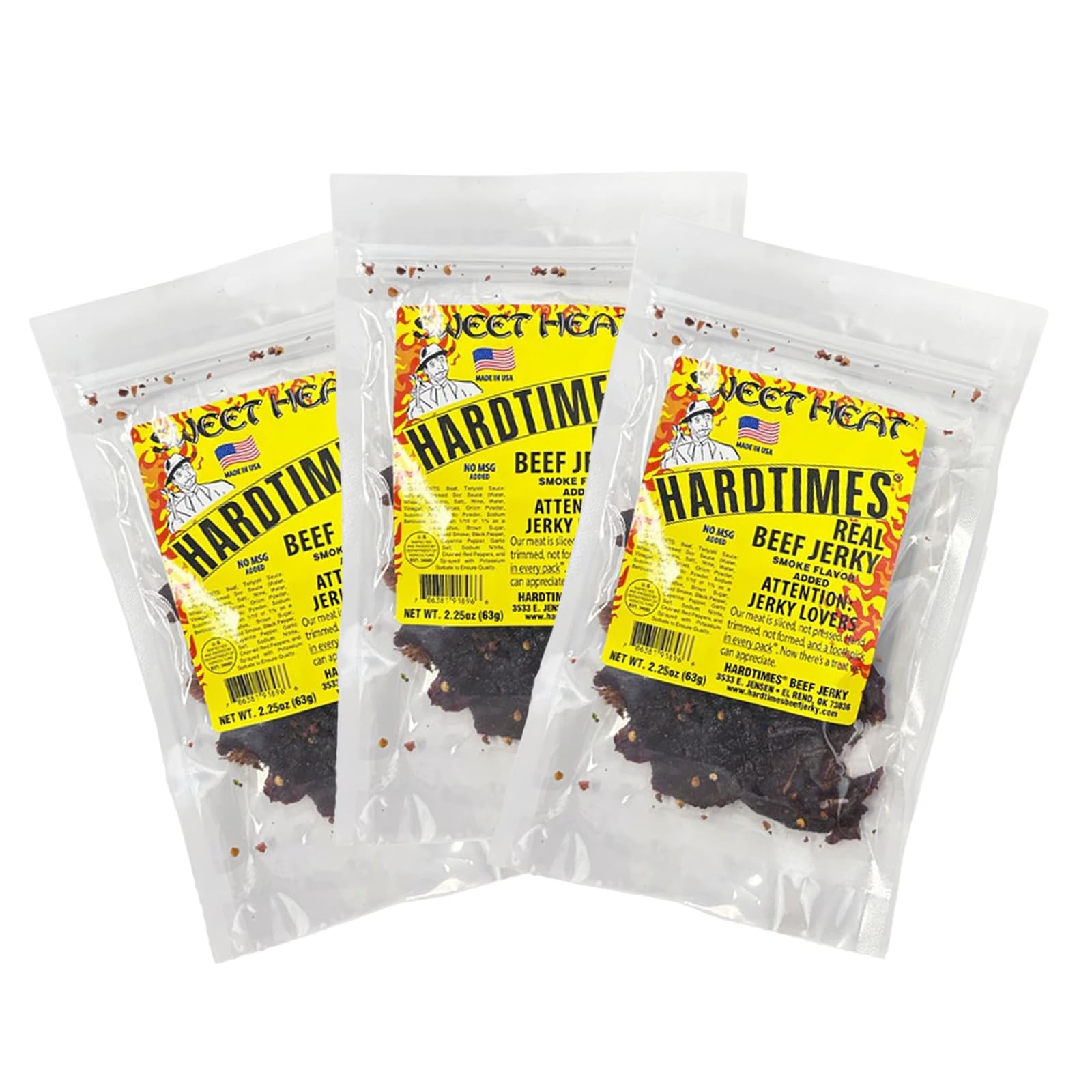 Hardtimes Handcrafted Beef Jerky Sweet Heat Flavor 3 Pack of 2.25 oz Bags