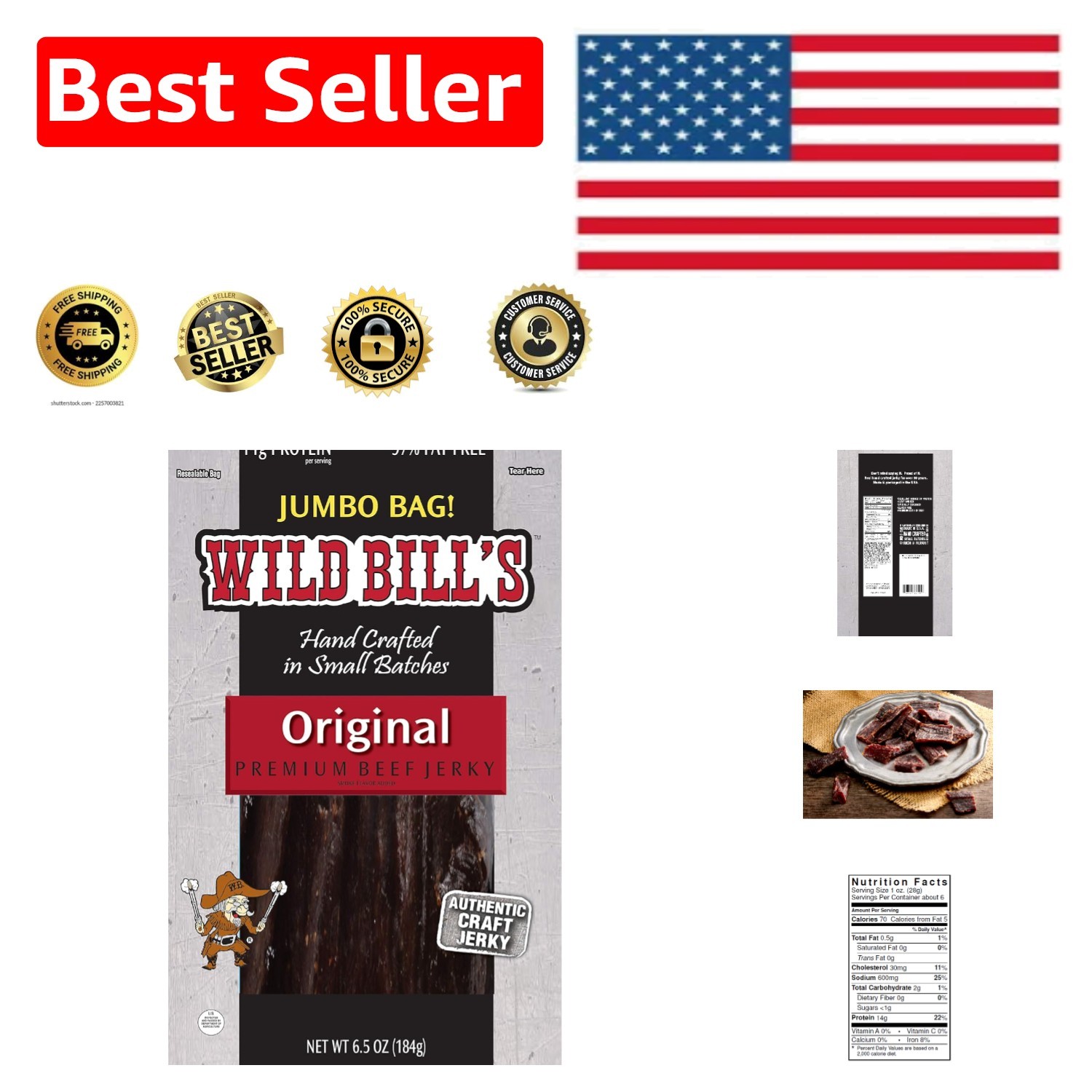 American Style 6.5oz Gluten-Free Hickory Smoked Beef Jerky, Protein-Rich