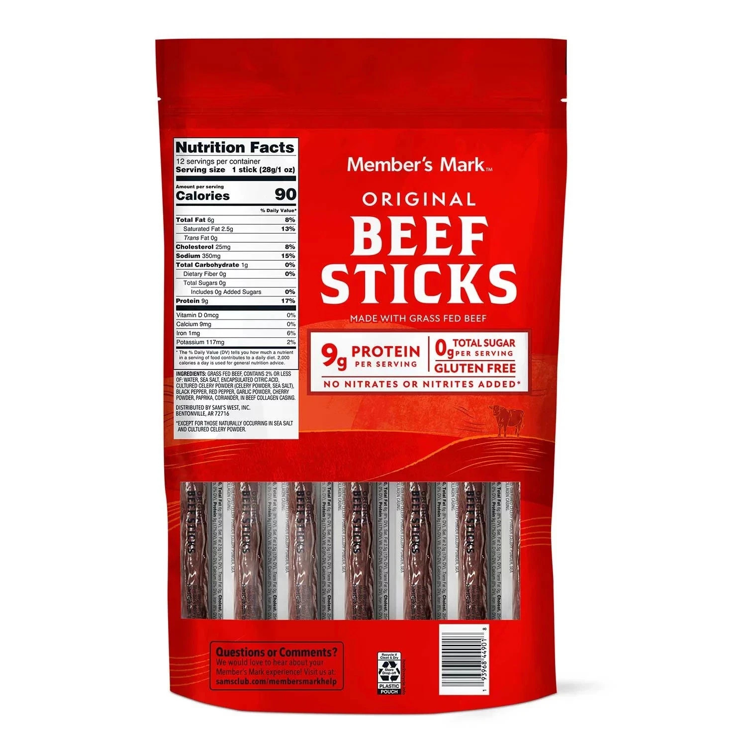5 Pack Member’s Mark Original Grassfed Beef Snack Sticks, 1 Ounce (Pack of 12)
