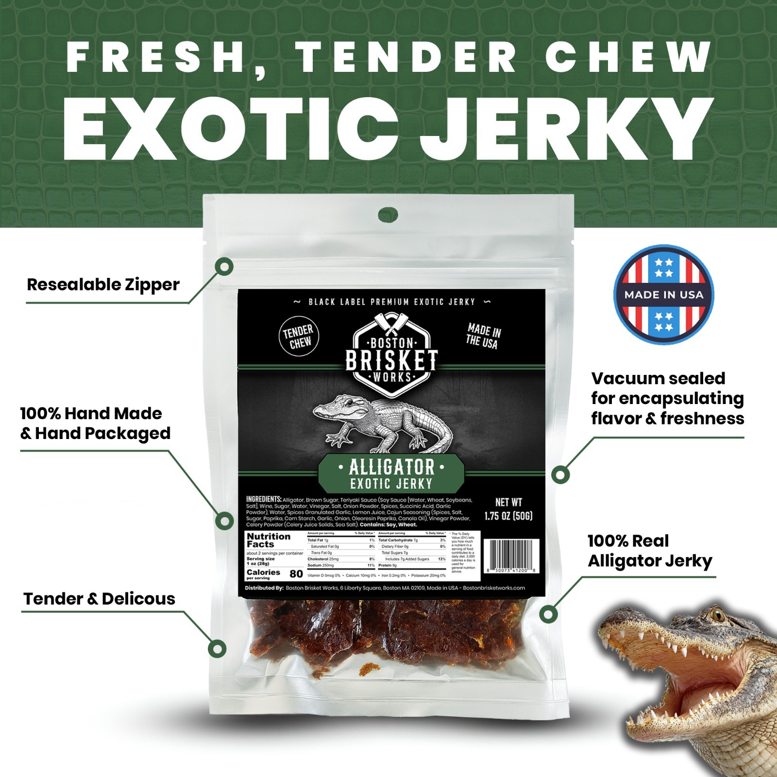 ALLIGATOR JERKY – Exotic Wild Game Snack – Made in the USA – Fast Shipping!