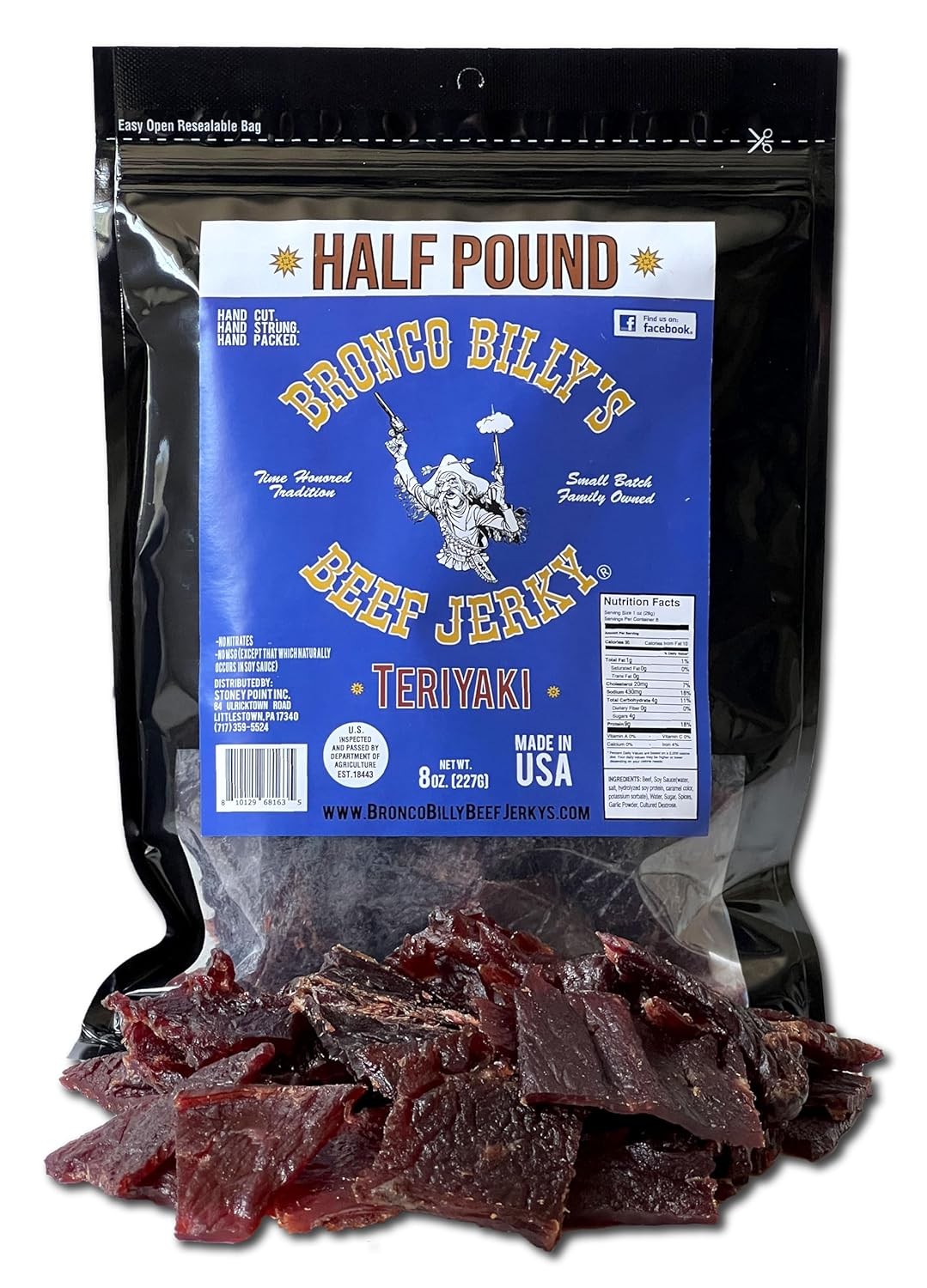 Bronco Billy’s Beef Jerky Teriyaki Half Pound Resealable 8 Ounce (Pack of 1)