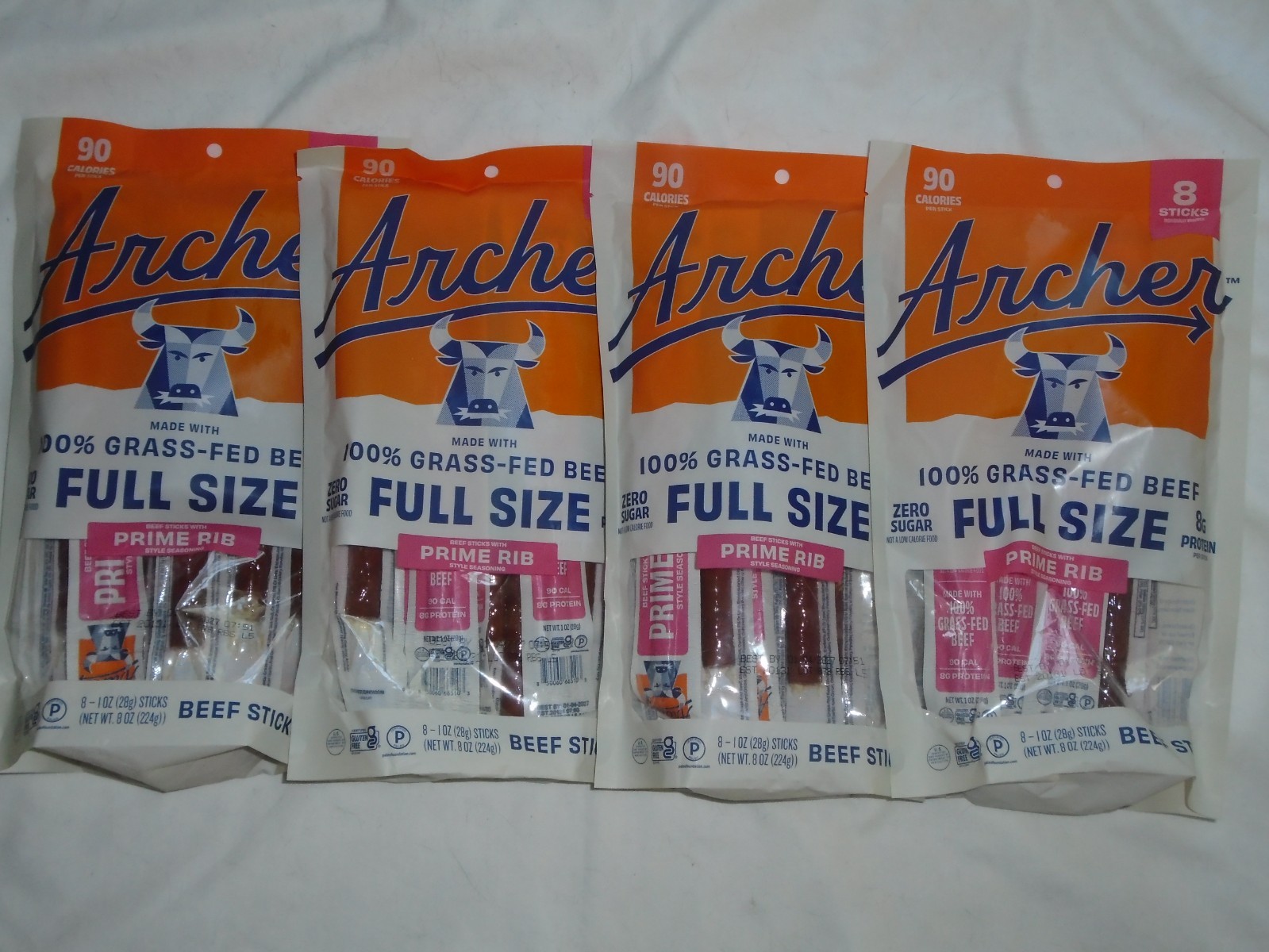 Set of 4 Archer Grass-Fed Beef Full Size Prime Rib 1 oz Beef Sticks 8-Count Bags