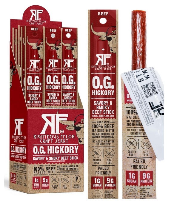 Righteous Felon OG Hickory Beef Meat Sticks 24 Pack – 1oz Gluten Free Keto Paleo