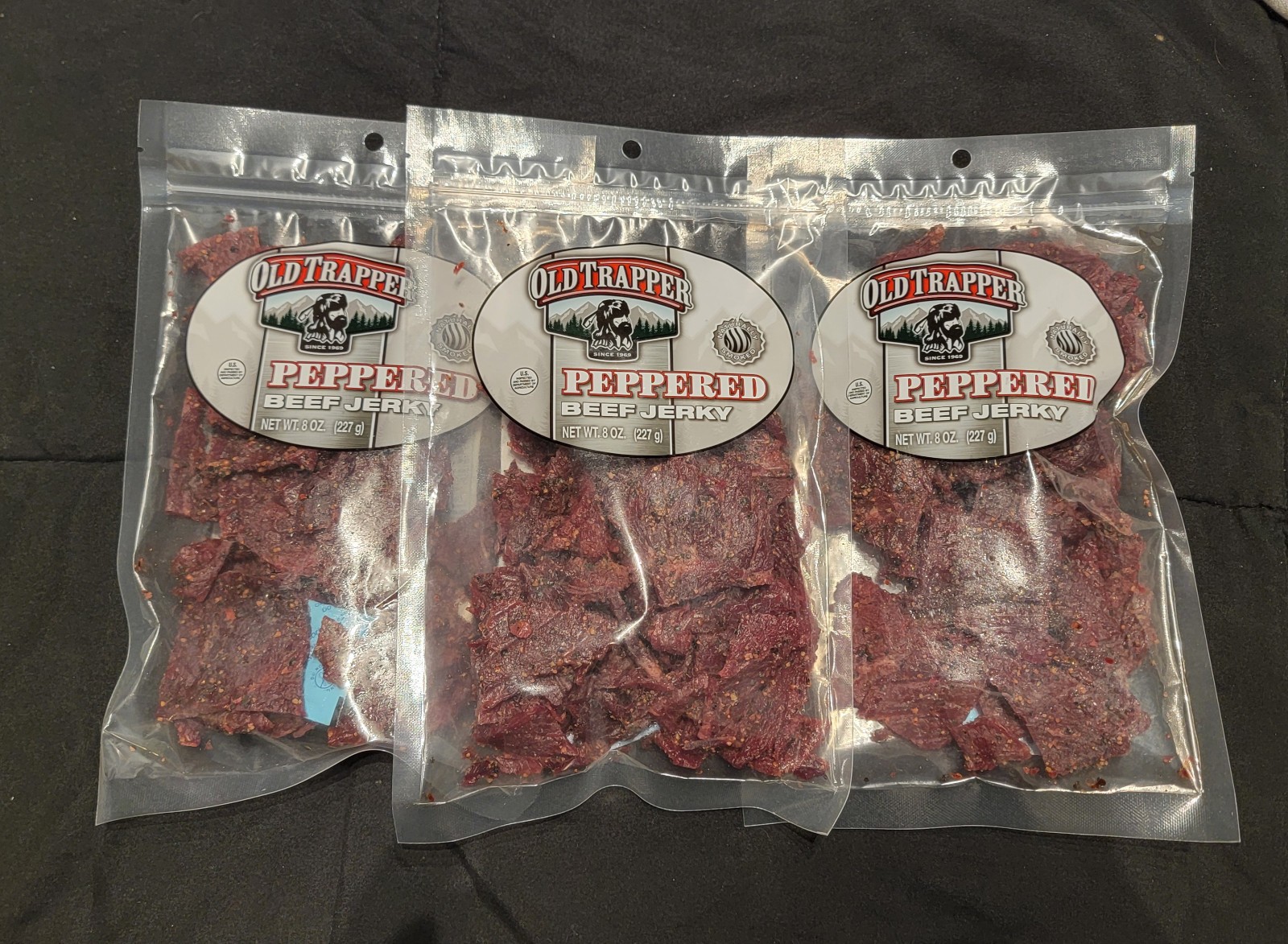 Lot Of 3 Old Trapper Beef Jerky, (Peppered) 8 Ounce Pack Each, Exp-4/27+