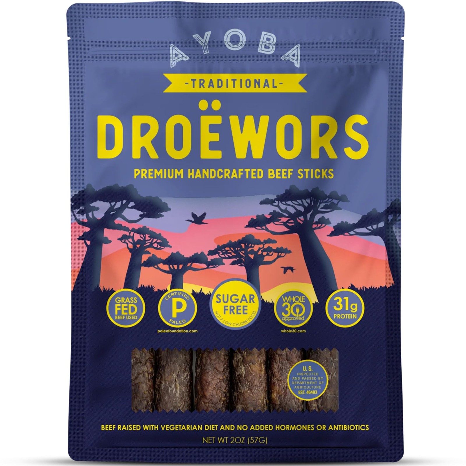 Ayoba Traditional Droewors Grass Fed Beef Paleo Sticks 2 Ounce, Pack of 8 Ke…