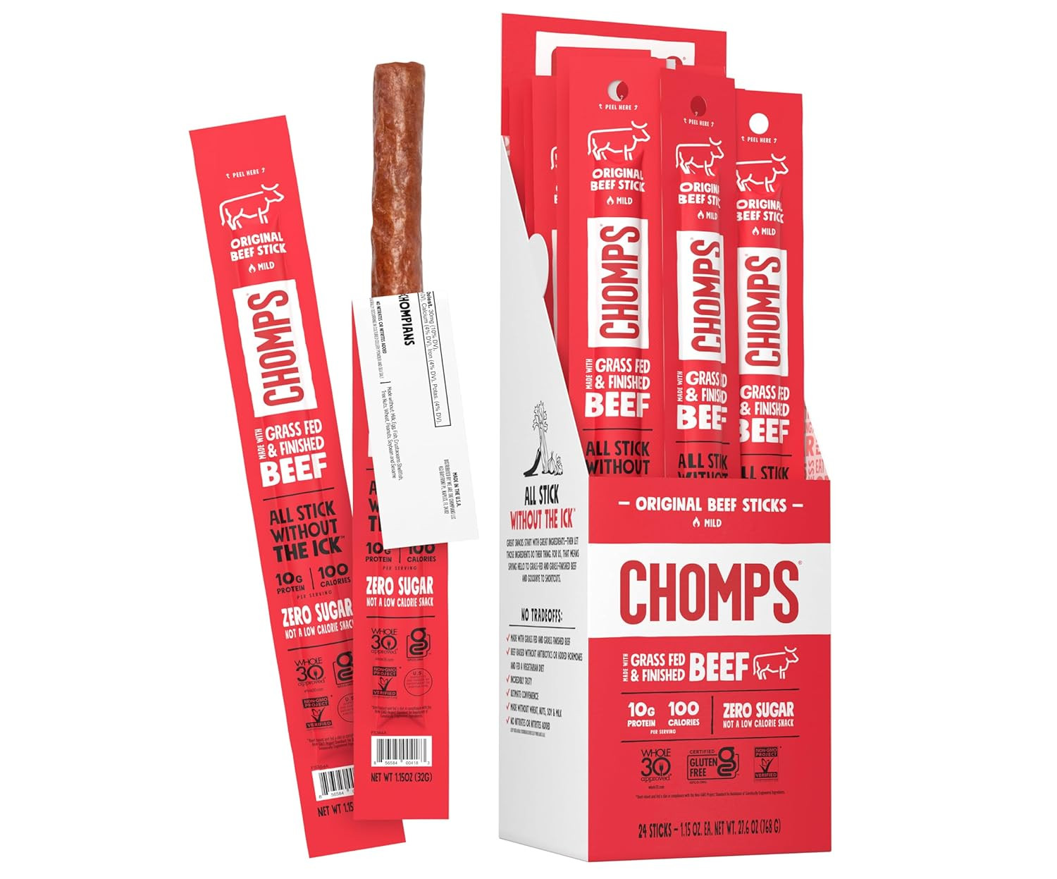 Grass-Fed and Finished Original Beef Jerky Snack Sticks 24-Pack, Keto, Paleo,…