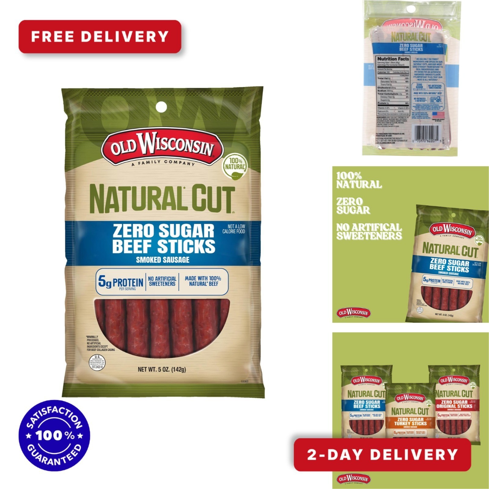 Old Wisconsin Beef Sausage Sticks, Zero Sugar, High Protein, Gluten Free