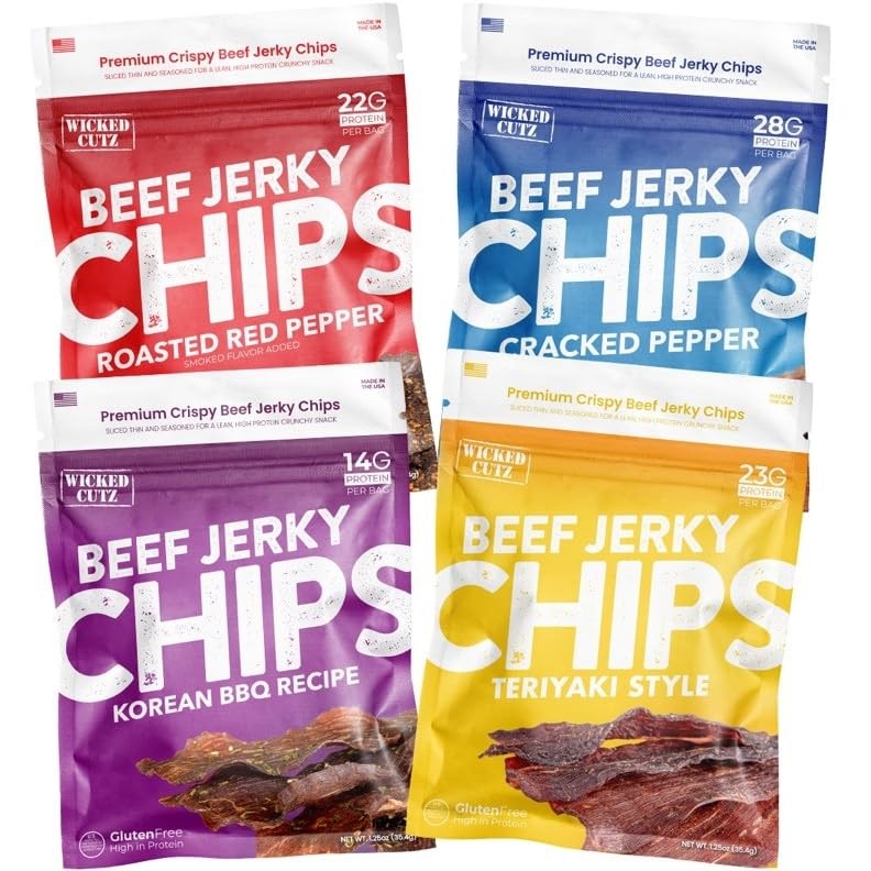 Wicked Cutz Jerky Chips Variety Pack, Up to 28g Protein Per Bag, Cracked Pepp…
