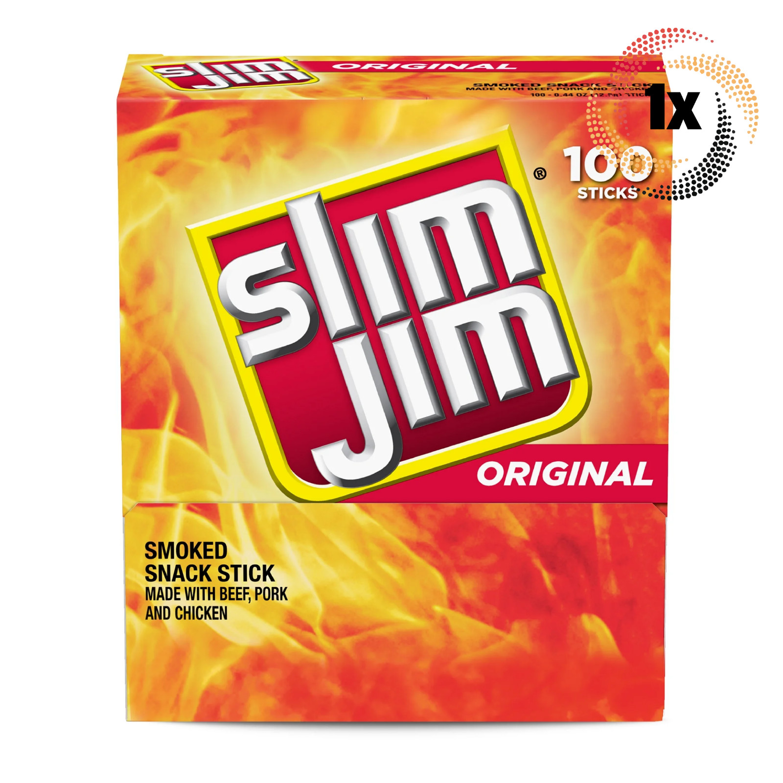 1x Box Slim Jim Original Smoked Snack Sticks | .44oz | 100 Sticks Per Box