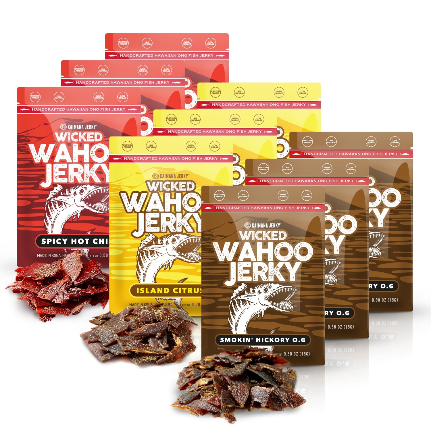 Wahoo Ono Fish Jerky Variety Sampler Smokin’ Hickory O.G, Island Citrus & Spi…