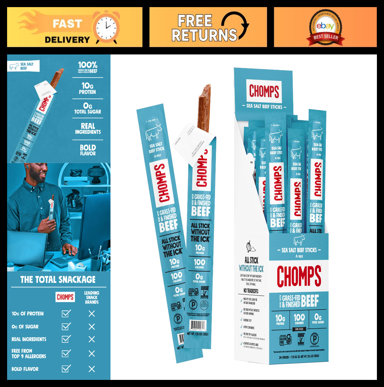 Grass Fed Beef Jerky Snack Sticks – Keto, Paleo, Gluten Free, Low Carb, 24 Pack