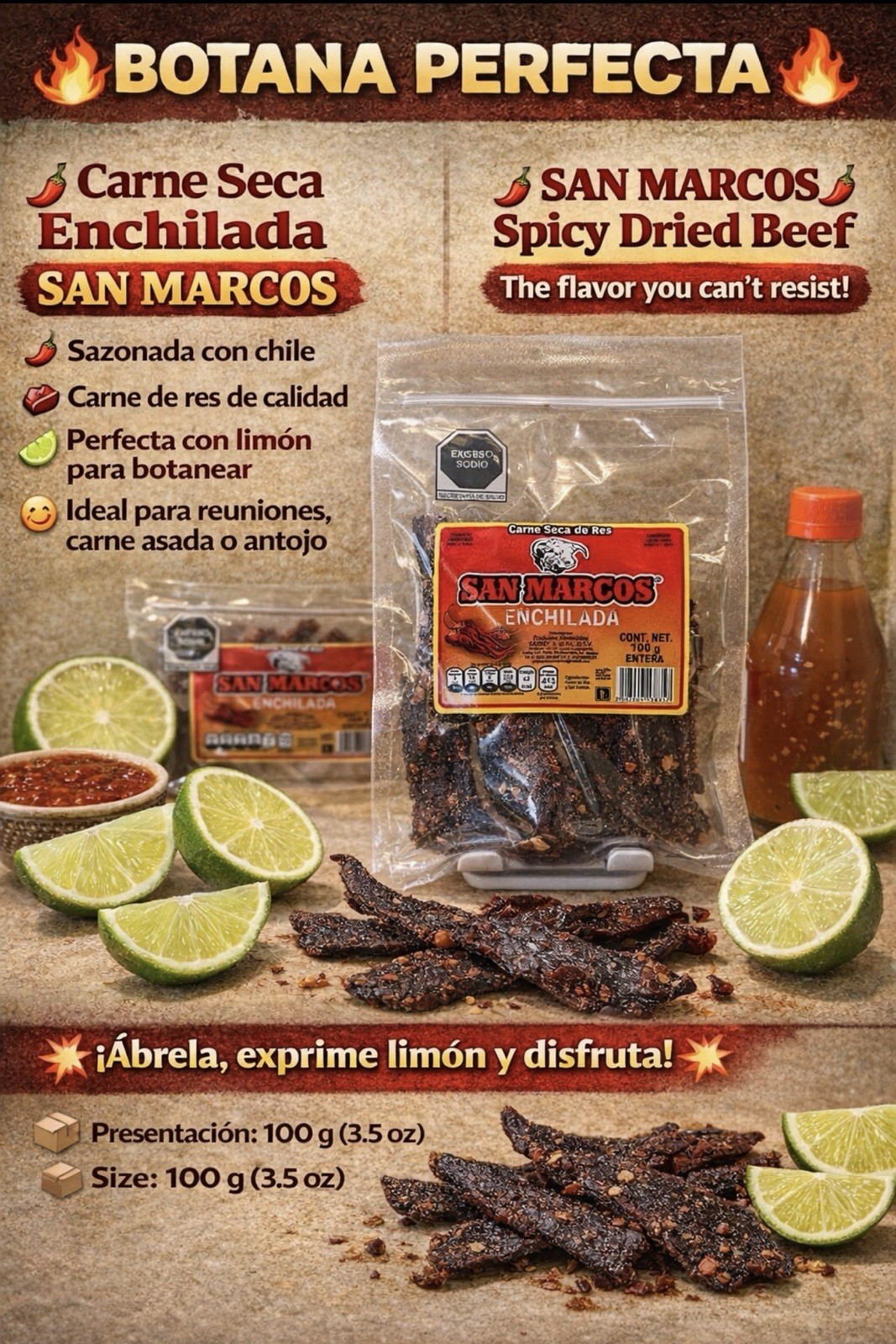 Carne seca Enchilada Spicy Mexican Dried Beef Jerky Snack 100g (3.5 oz)