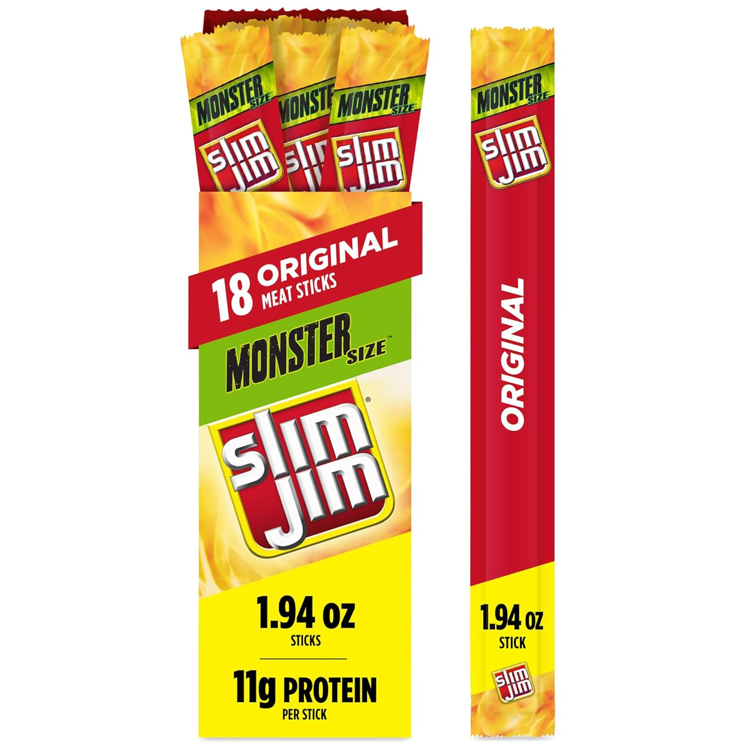 Slim Jim Monster Smoked Meat Sticks, Original Flavor, High Protein, 1.94 Oz. (18