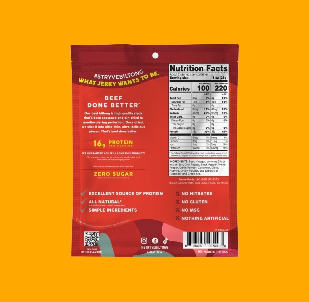 Stryve BILTONG Spicy Peri Peri 100% All Natural Beef W/ 16g Protein Steak Jerkey