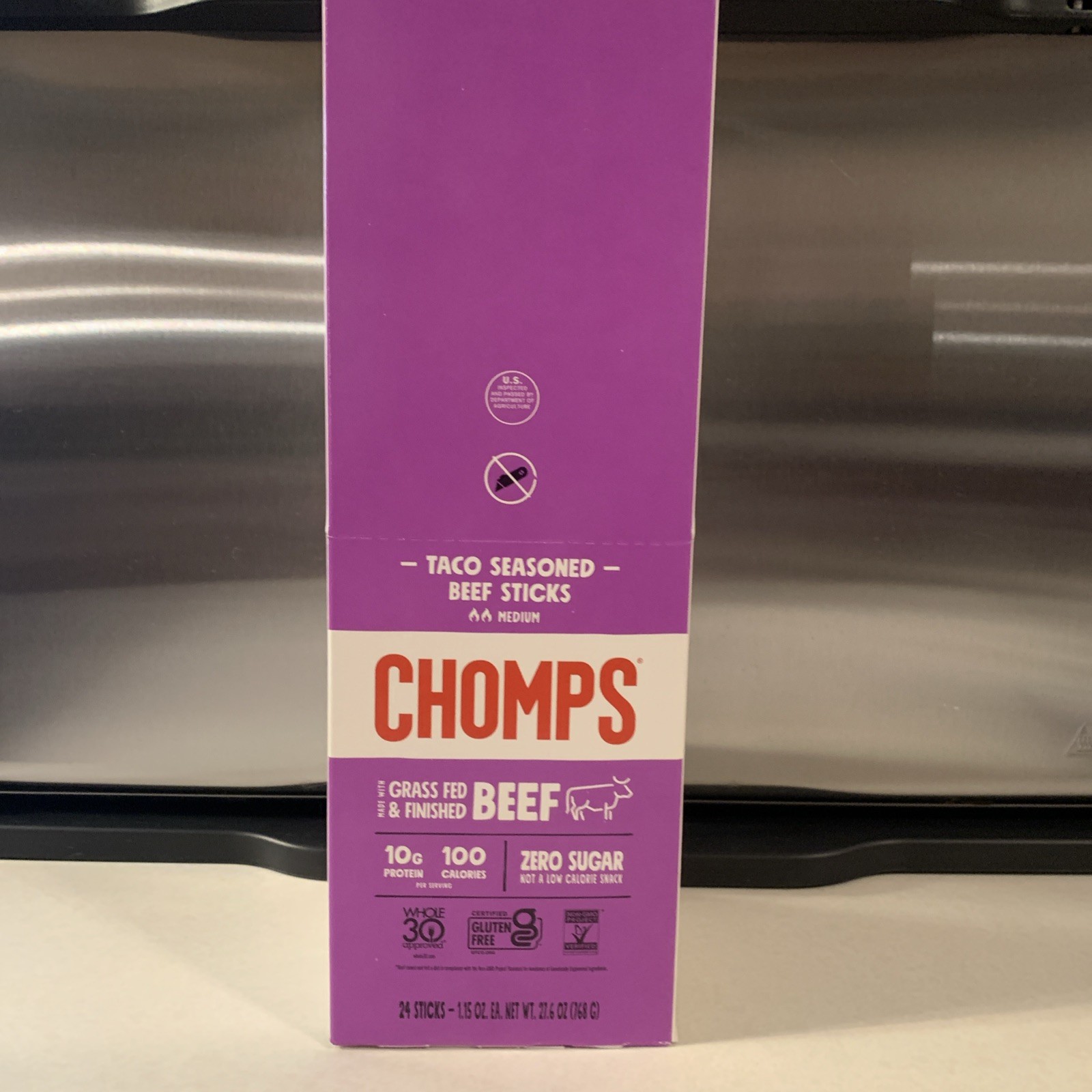 Chomps Grass-Fed Taco Beef Jerky Snack Sticks 24-Pack – Keto, Paleo, Whole30