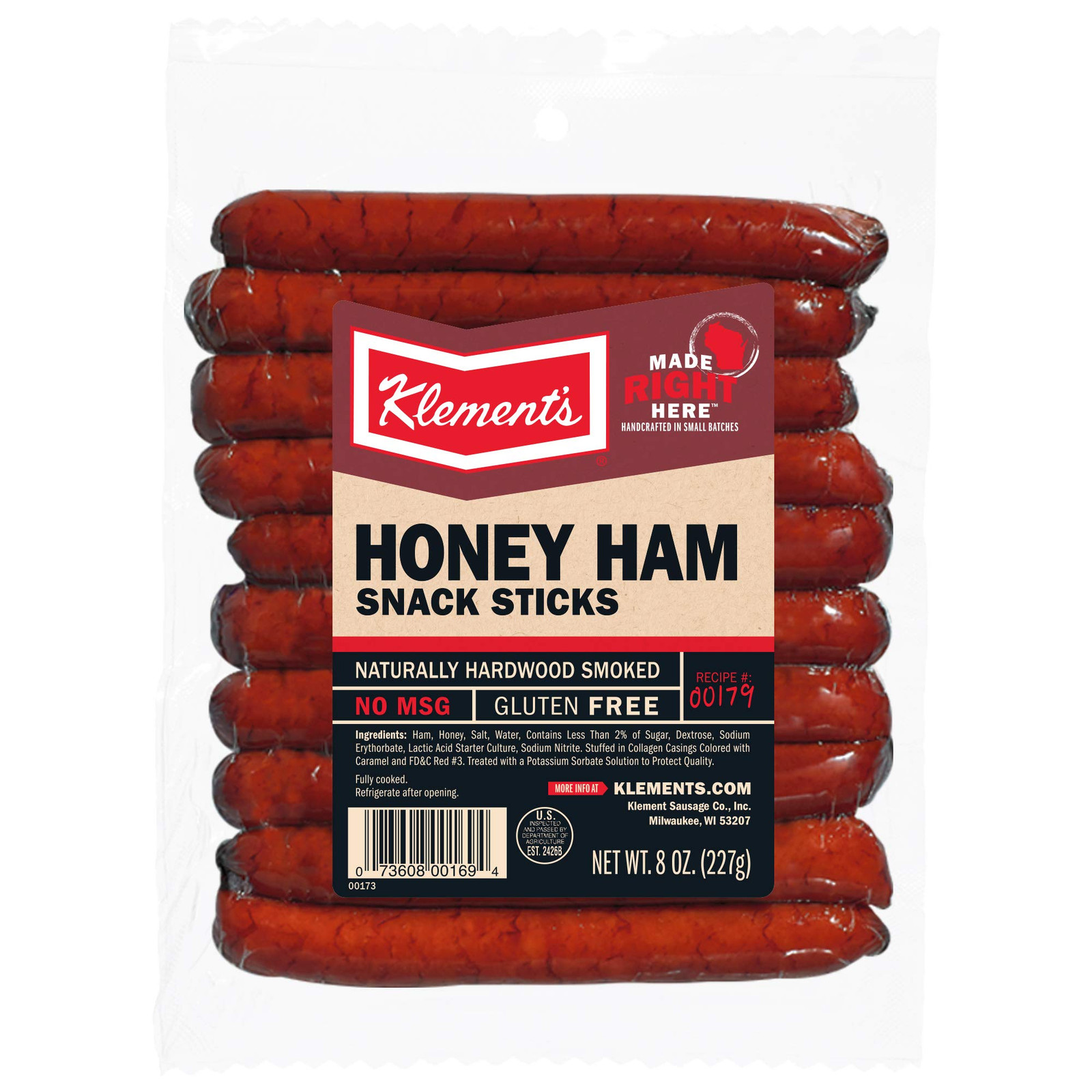 Klement’s Honey Ham Sticks Naturally Smoked Gluten Free 8 Ounce Snack