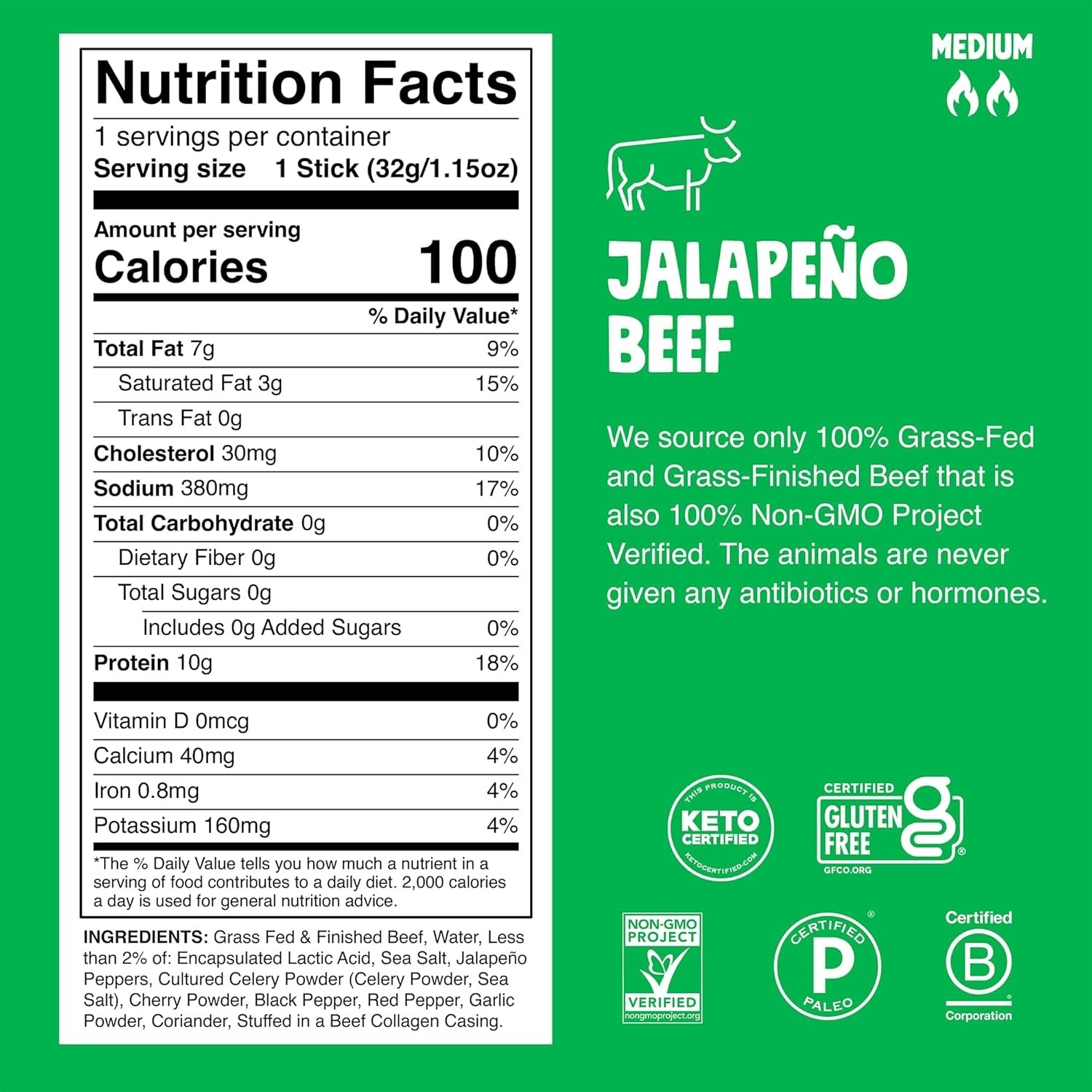 Jalapeño Beef Snack Sticks 10-Pack – Keto, Whole30, Non-GMO^