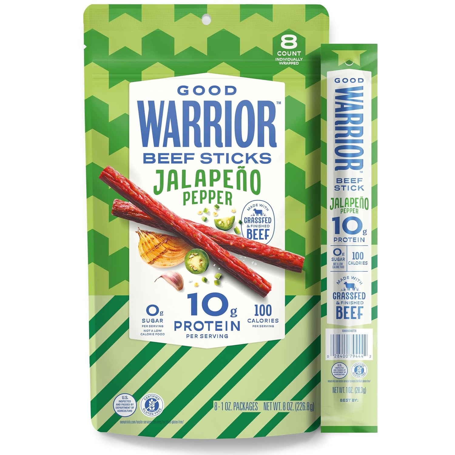 Beef Sticks, Jalapeno Pepper, 1 Oz Sticks (8 Count), 10G Protein, 100 Calories,