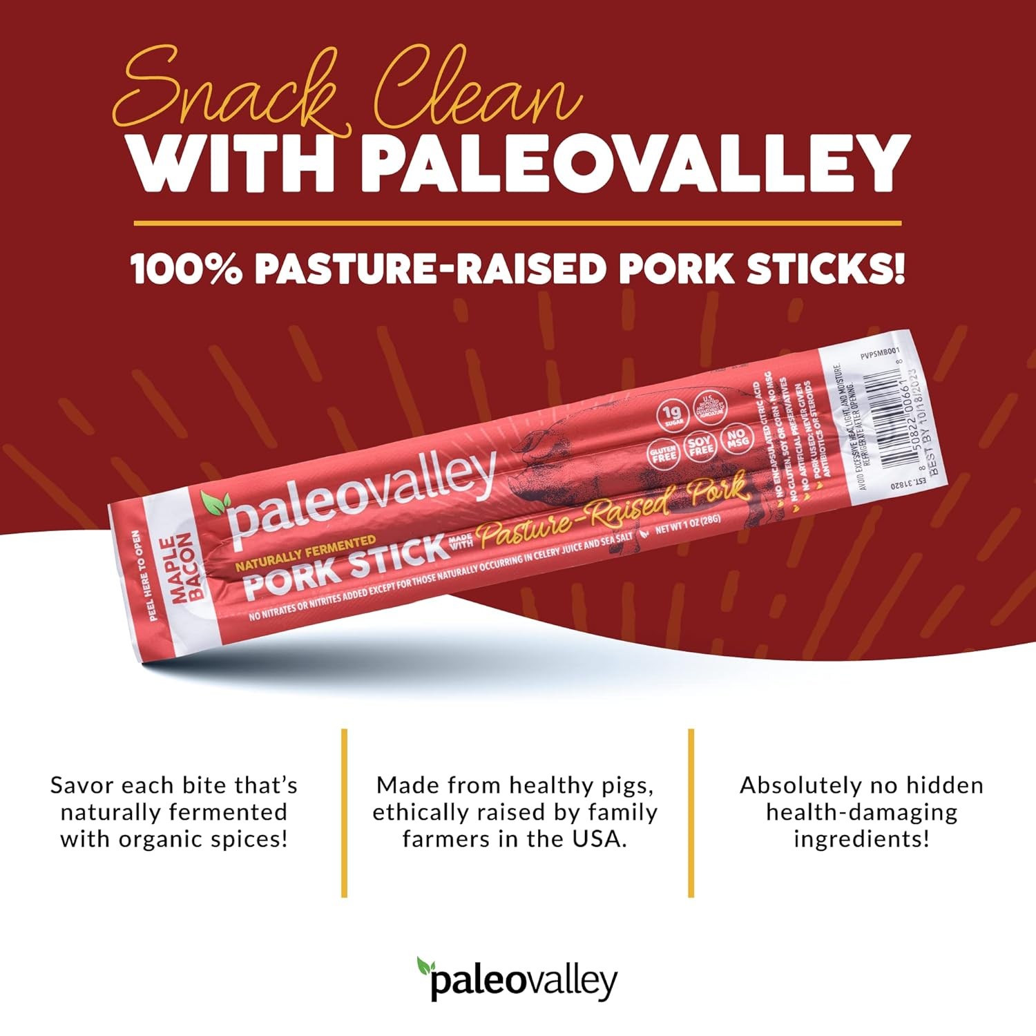 Paleovalley Pasture-Raised Pork Sticks – Maple Bacon 10 Count (Pack of 1)