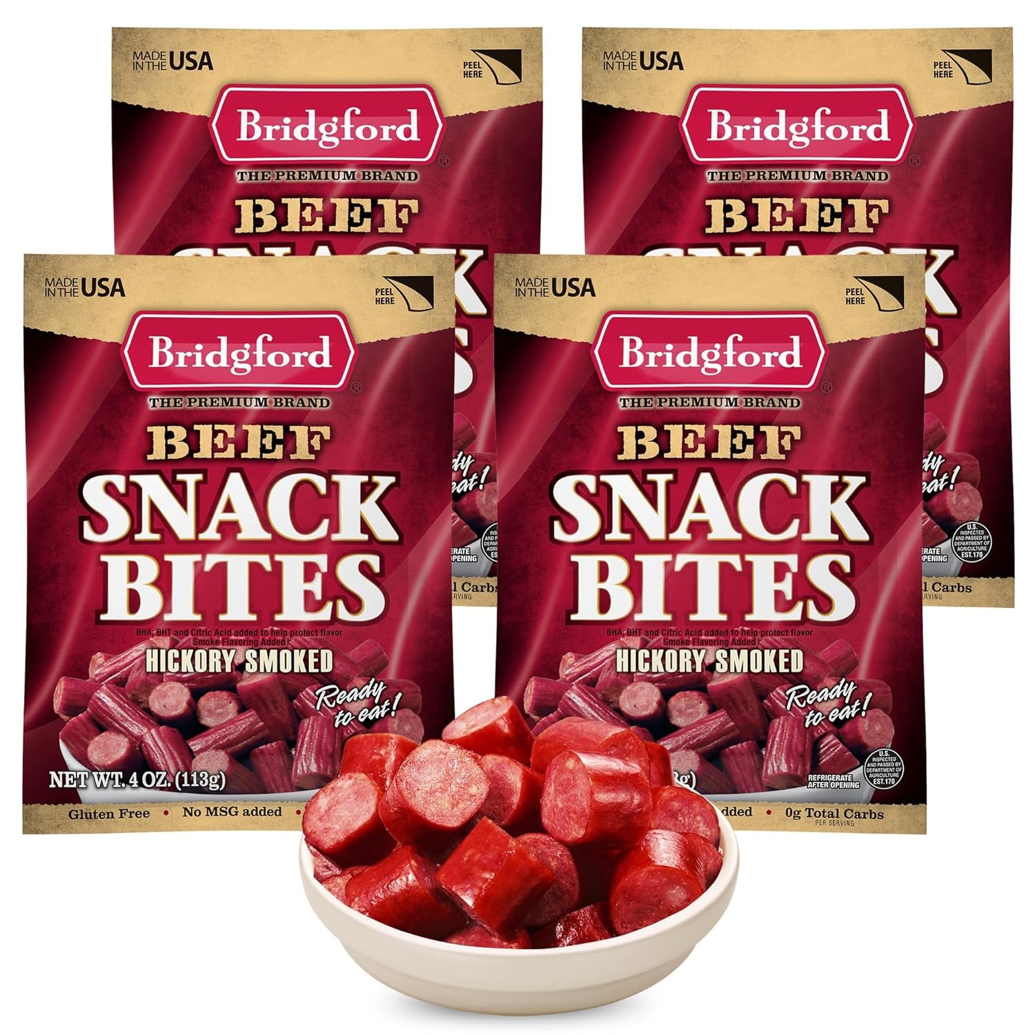 Bridgford Snack Bites, Made With 100% American Beef & Pork, 4 Oz, (Pack of 4)