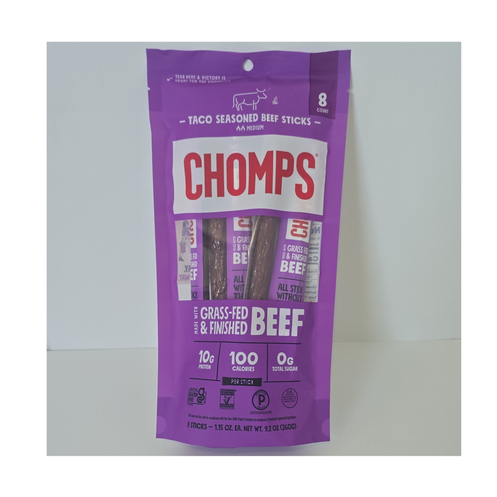 Chomps Taco Seasoned Grass-Fed & Finished Beef Sticks, 8 Count, 1.15 OZ