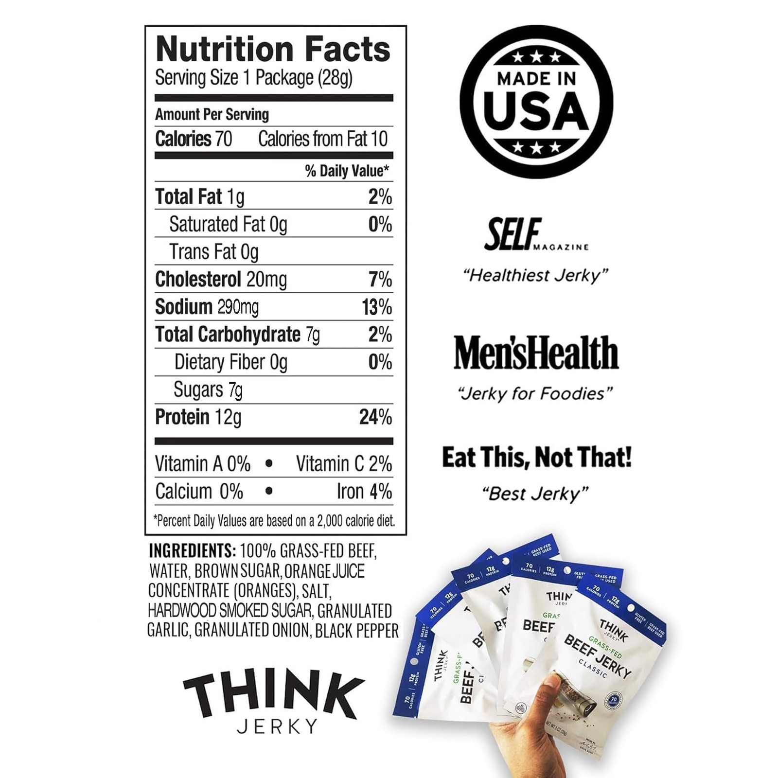 Think Jerky Classic Beef Jerky, Grass-Fed High Protein Beef, Gluten Free, No …