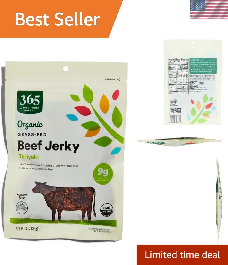 3 Oz Organic Grass-Fed Beef Jerky – Teriyaki Flavor, Perfect On-the-Go Snack
