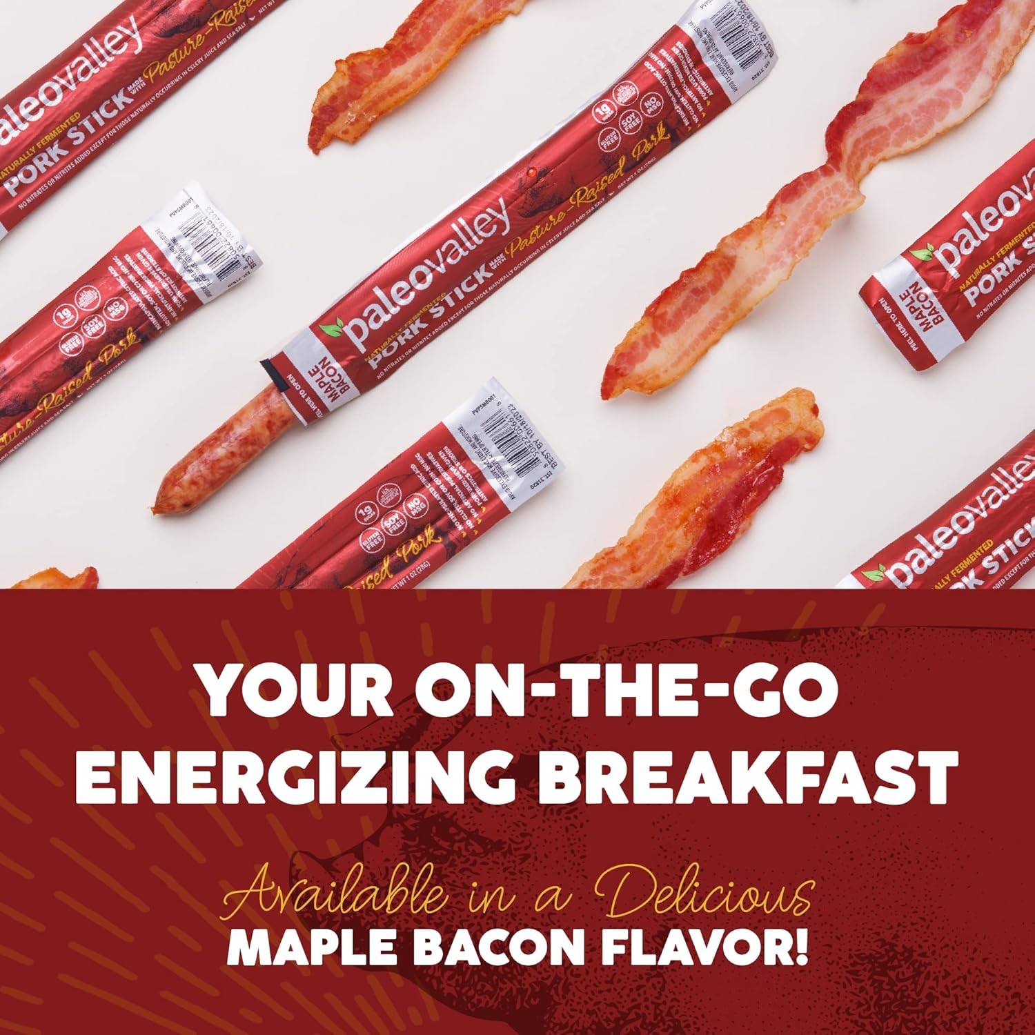 Paleovalley Pasture-Raised Pork Sticks – Maple Bacon 10 Count (Pack of 1)