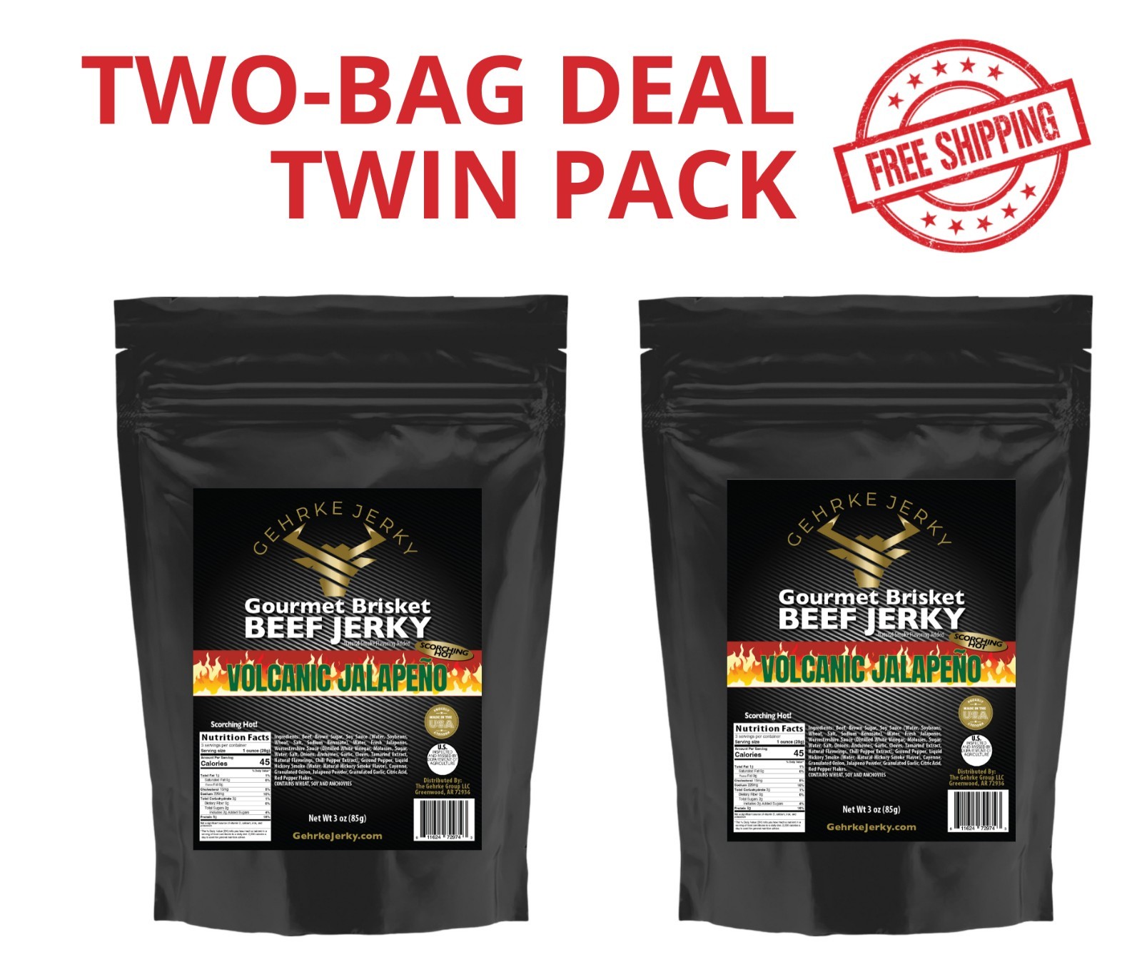 TWIN PACK – HOT VOLCANIC JALAPENO GEHRKE BEEF BRISKET JERKY BIG 3 OZ. BAGS