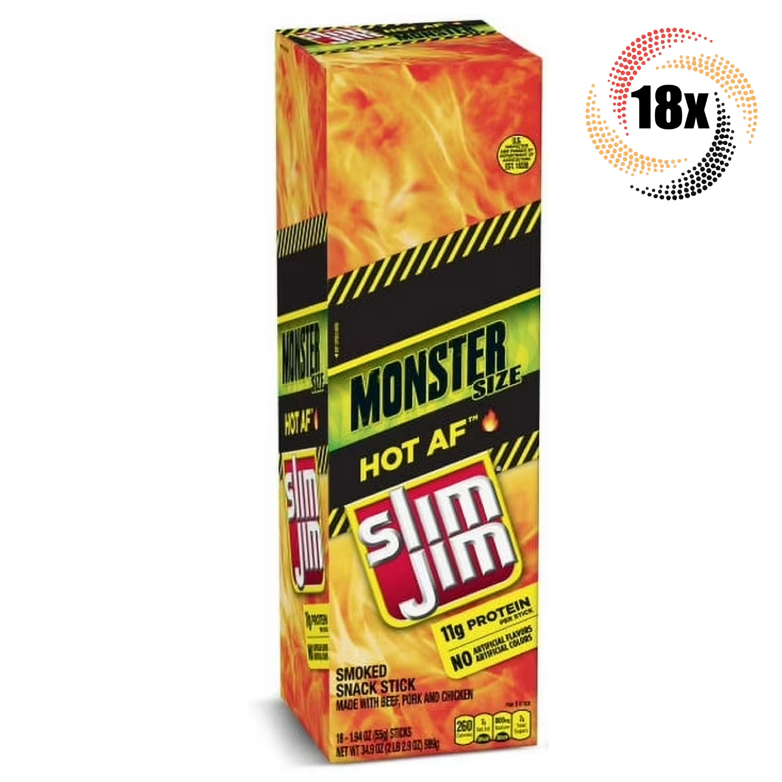 Full Box 18x Sticks Slim Jim Hot AF Monster Snack Sticks | 1.94oz | 11G Protein