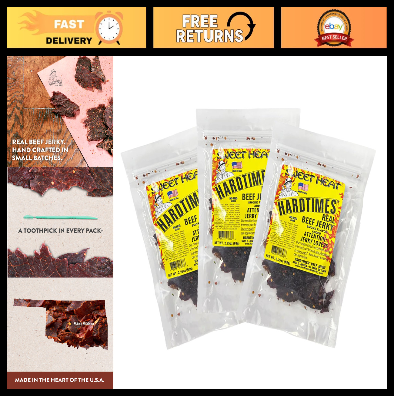 Handcrafted Sweet Heat Beef Jerky – 3 Pack of 2.25 oz Bags – Gourmet Snack
