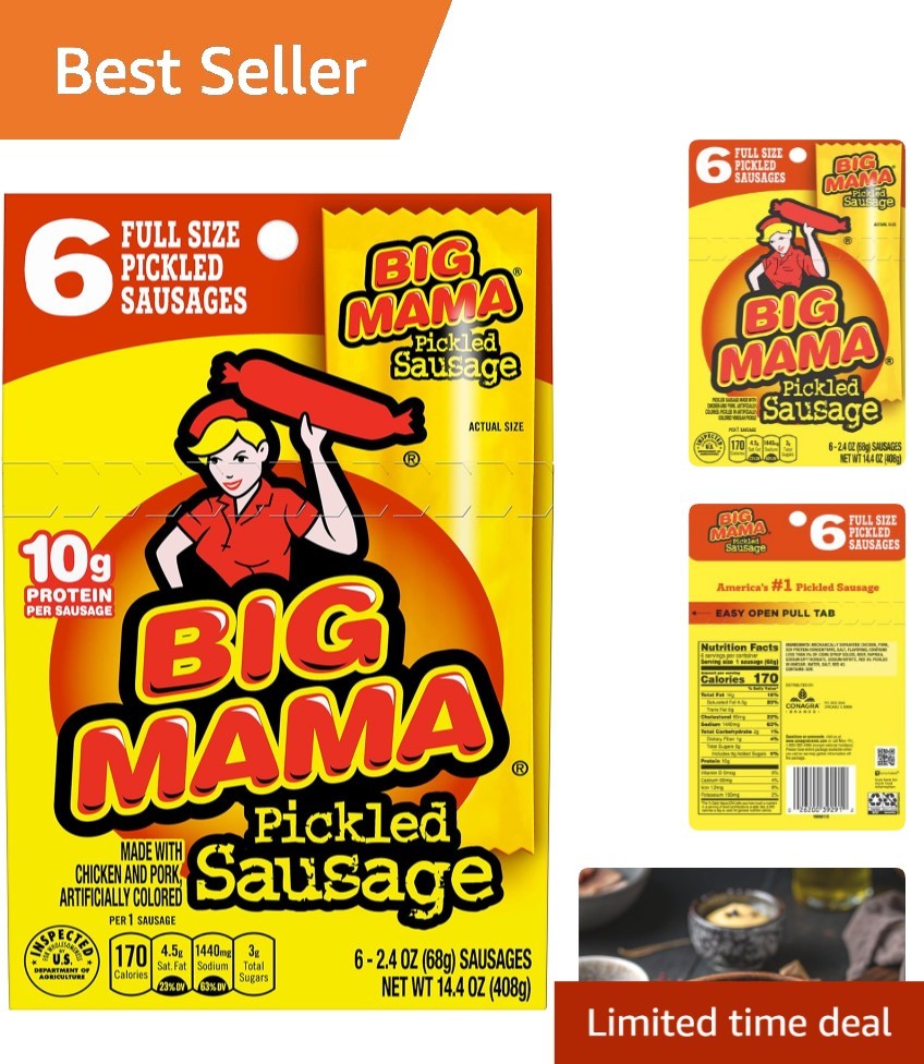 Big Mama Pickled Sausages – Satisfying 2.4 Oz Snack, Low Carb Pack of 6