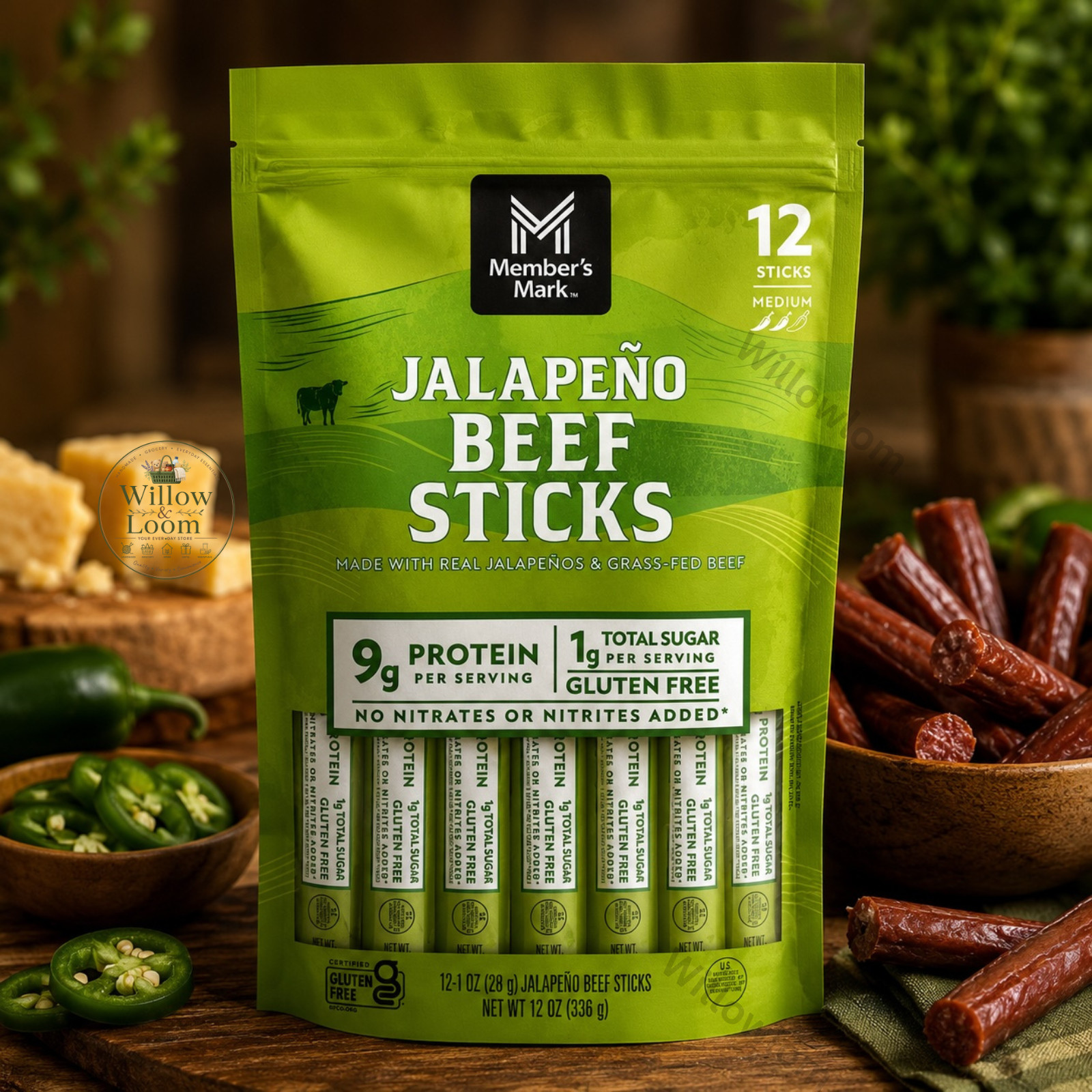 Member’s Mark Jalapeño Grassfed Beef Sticks 12 ct 12 oz No Nitrates Gluten Free