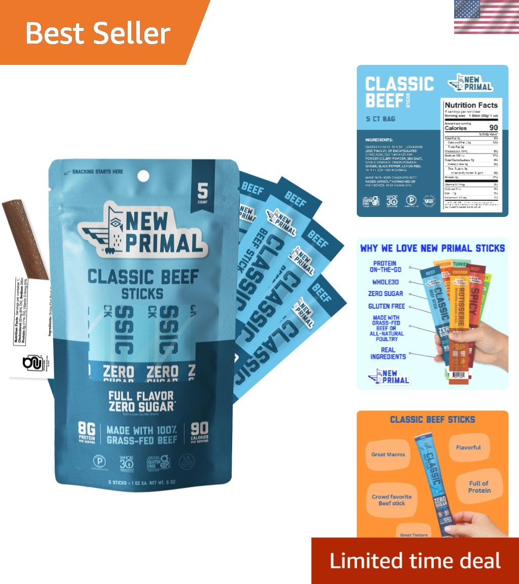 New Primal Classic Beef Sticks, 100% Grass Fed, 5 Count | Healthy Snacks for …