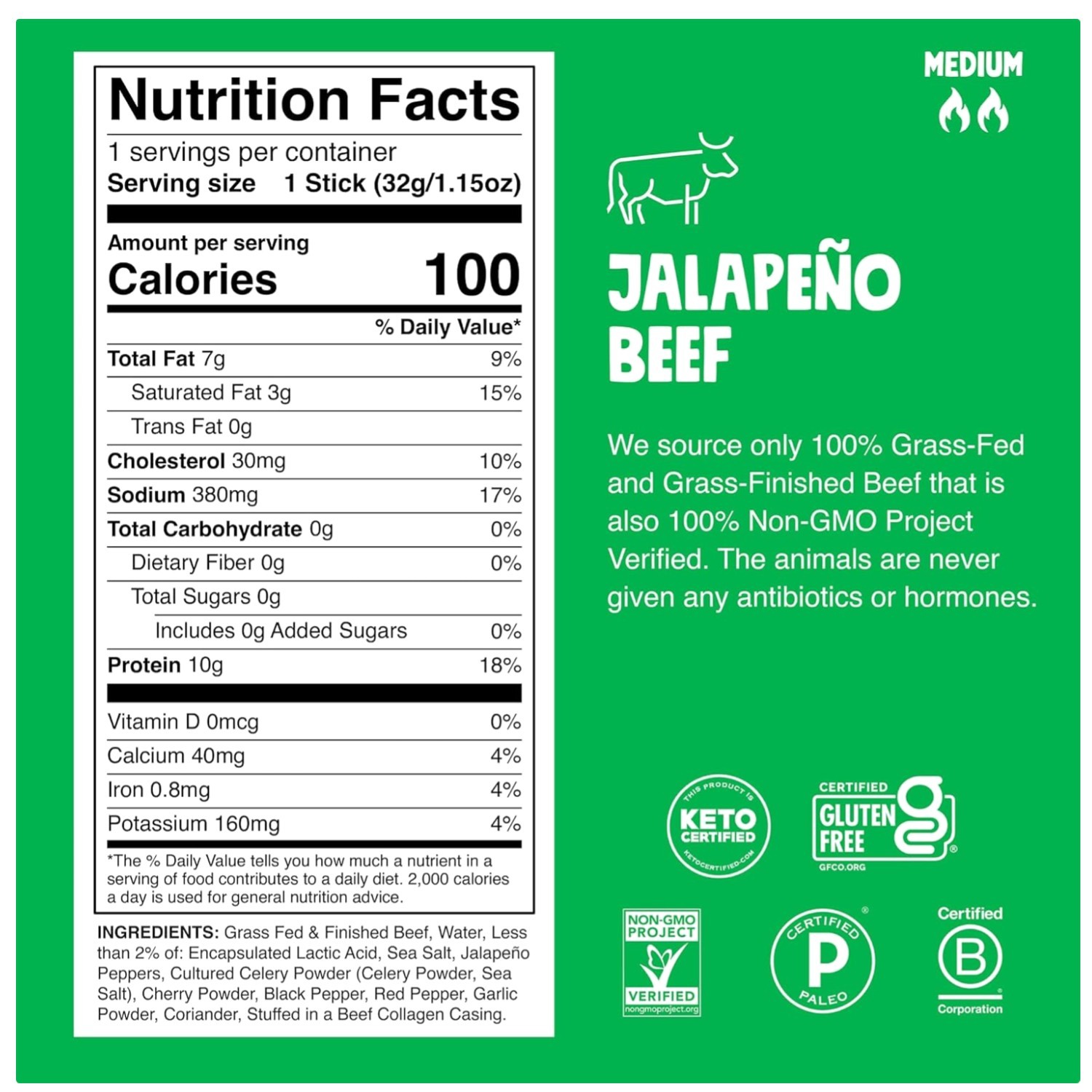 Jalapeño Beef Snack Sticks 10-Pack – Keto, Whole30, Non-GMO